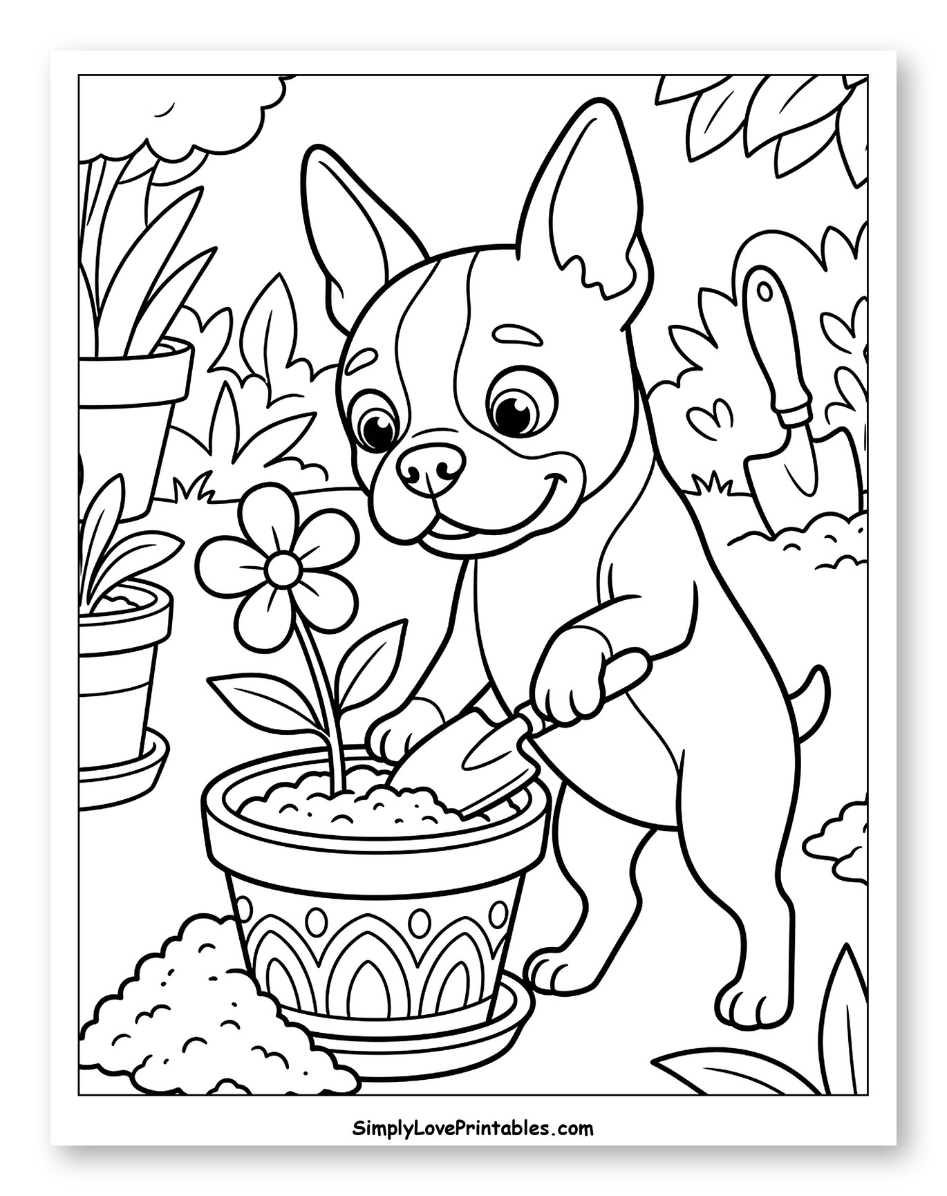 Happy Boston Terrier Planting a Flower in a Pot
