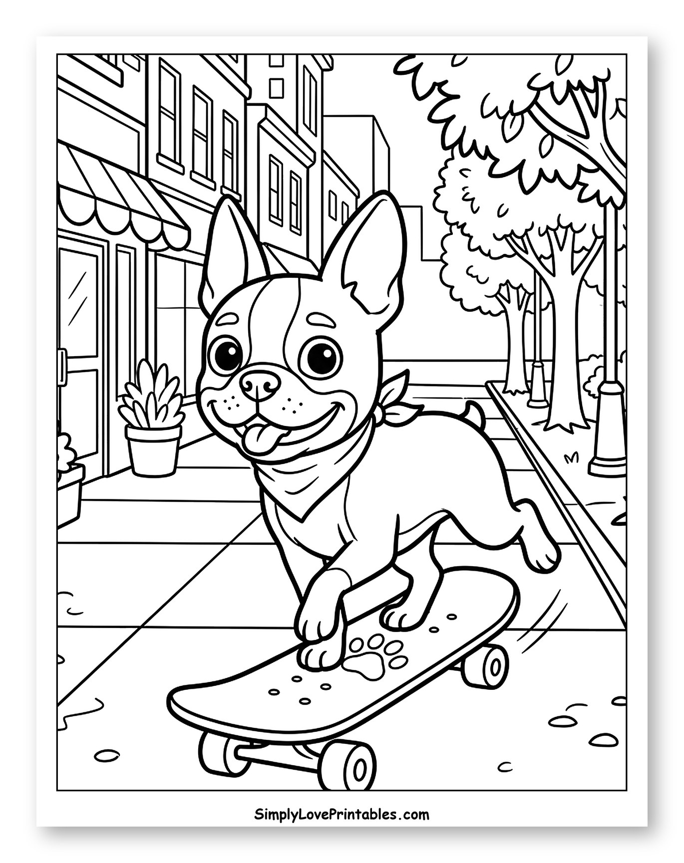 Happy Boston Terrier Skateboarding Through Town