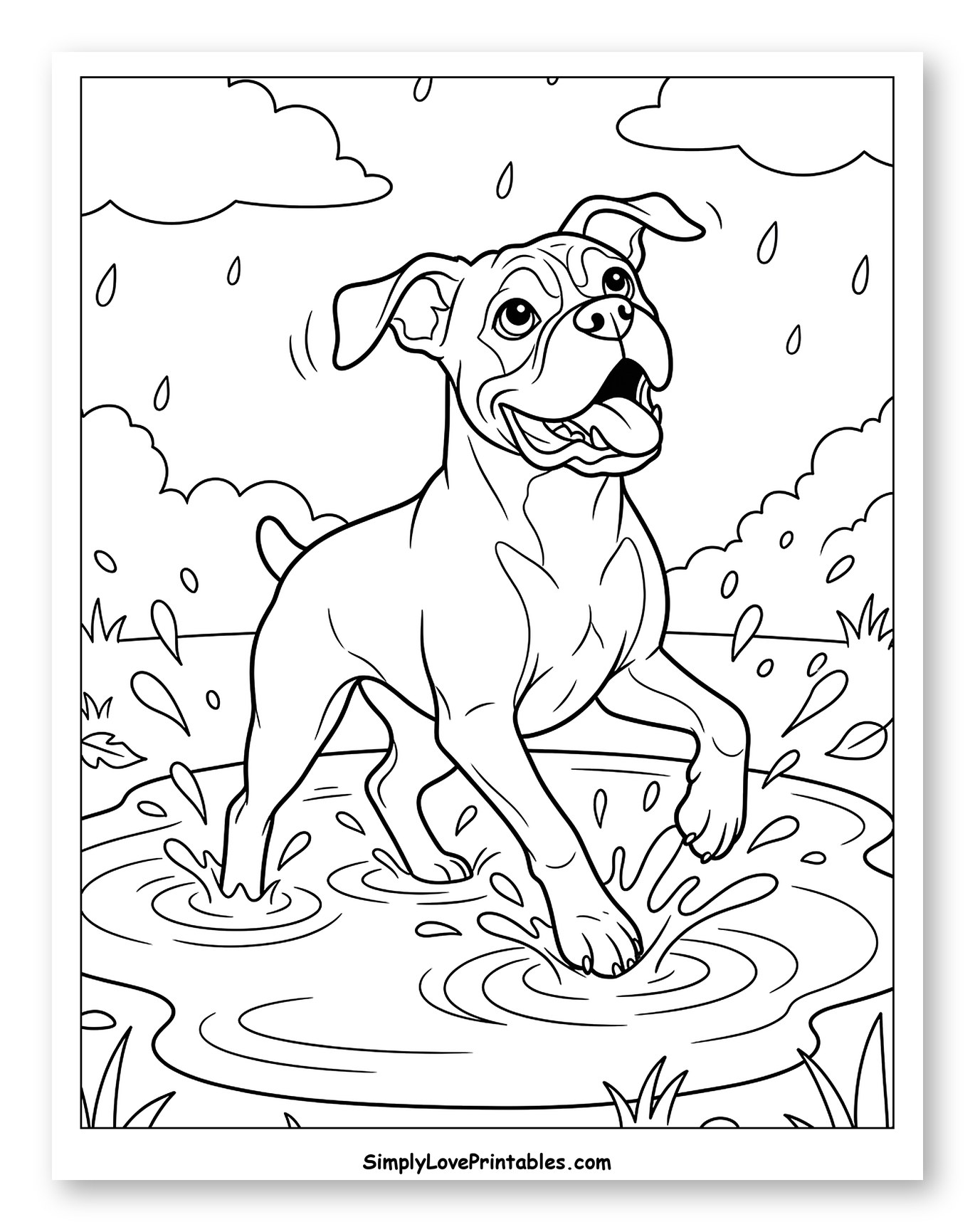Happy Boxer Dog Playing in Puddle to Color for Kids