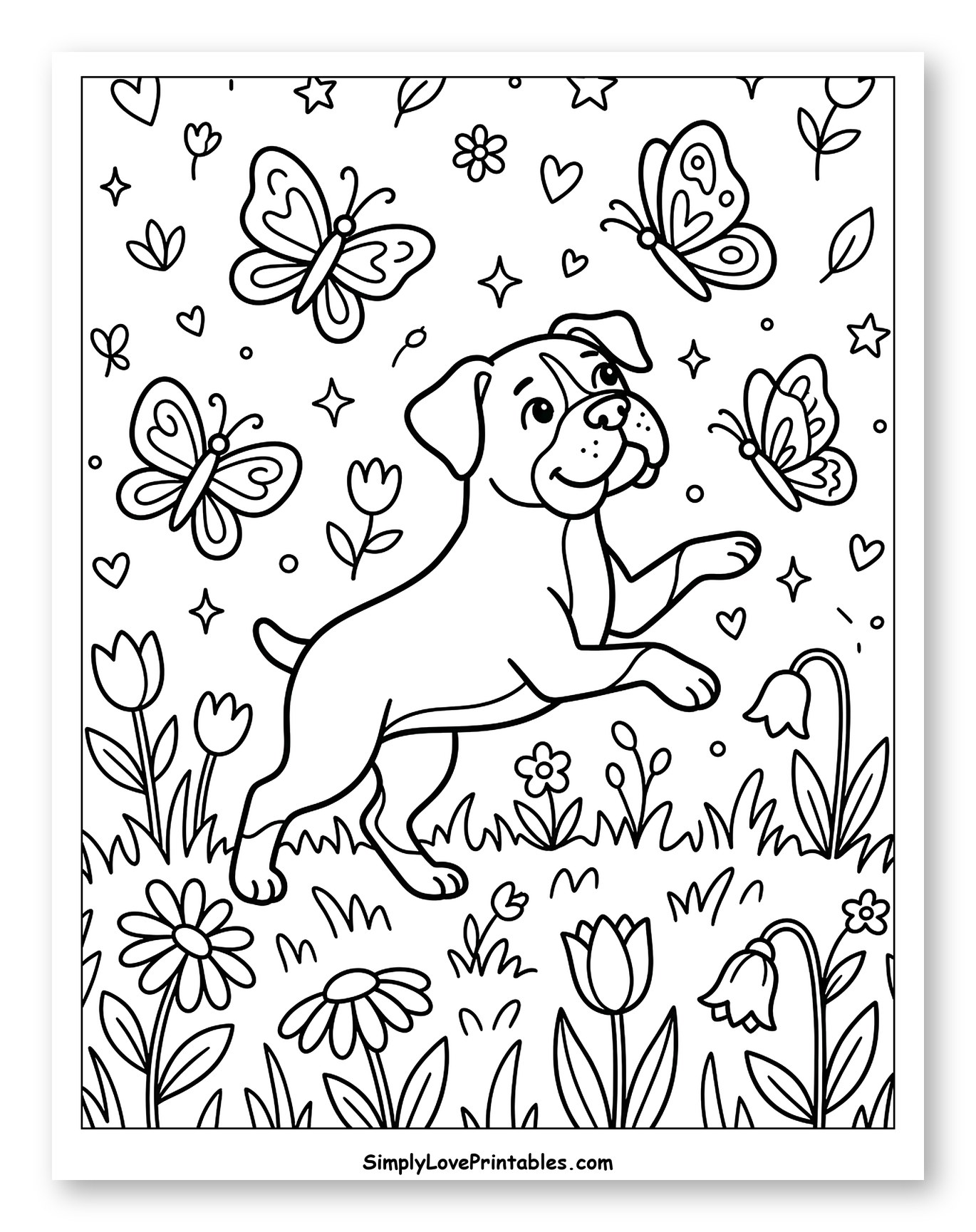 Happy Boxer Dog Playing with Butterflies