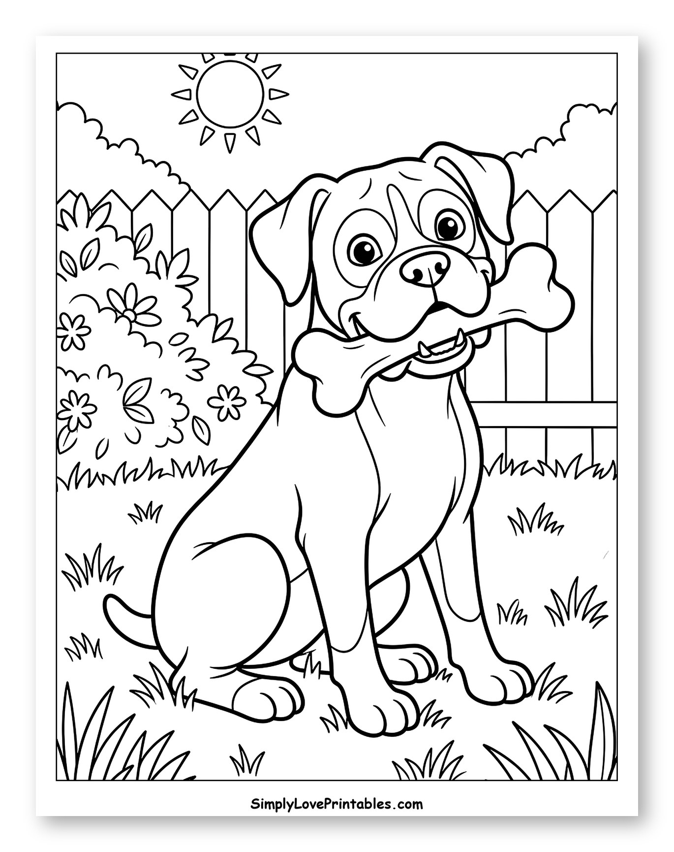 Happy Boxer Dog with Bone in Yard to Color for Kids