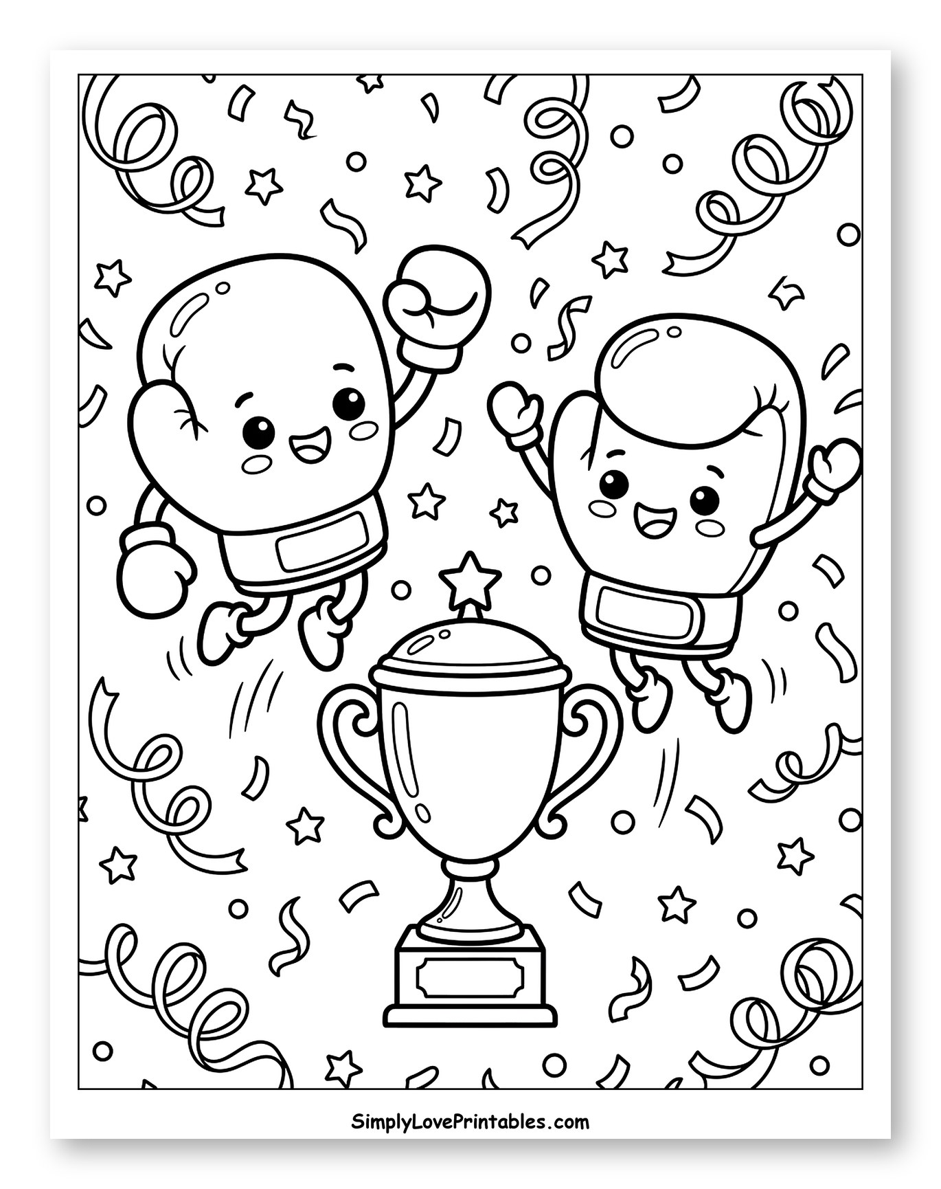 Happy Boxing Gloves Celebrating with Trophy Coloring Sheet for Kids