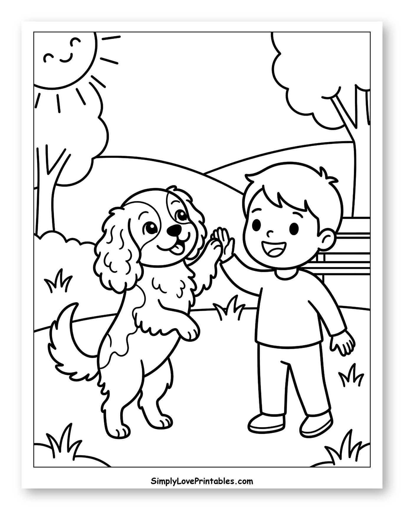 Happy Boy and Dog High-Five Coloring Sheet for Kids