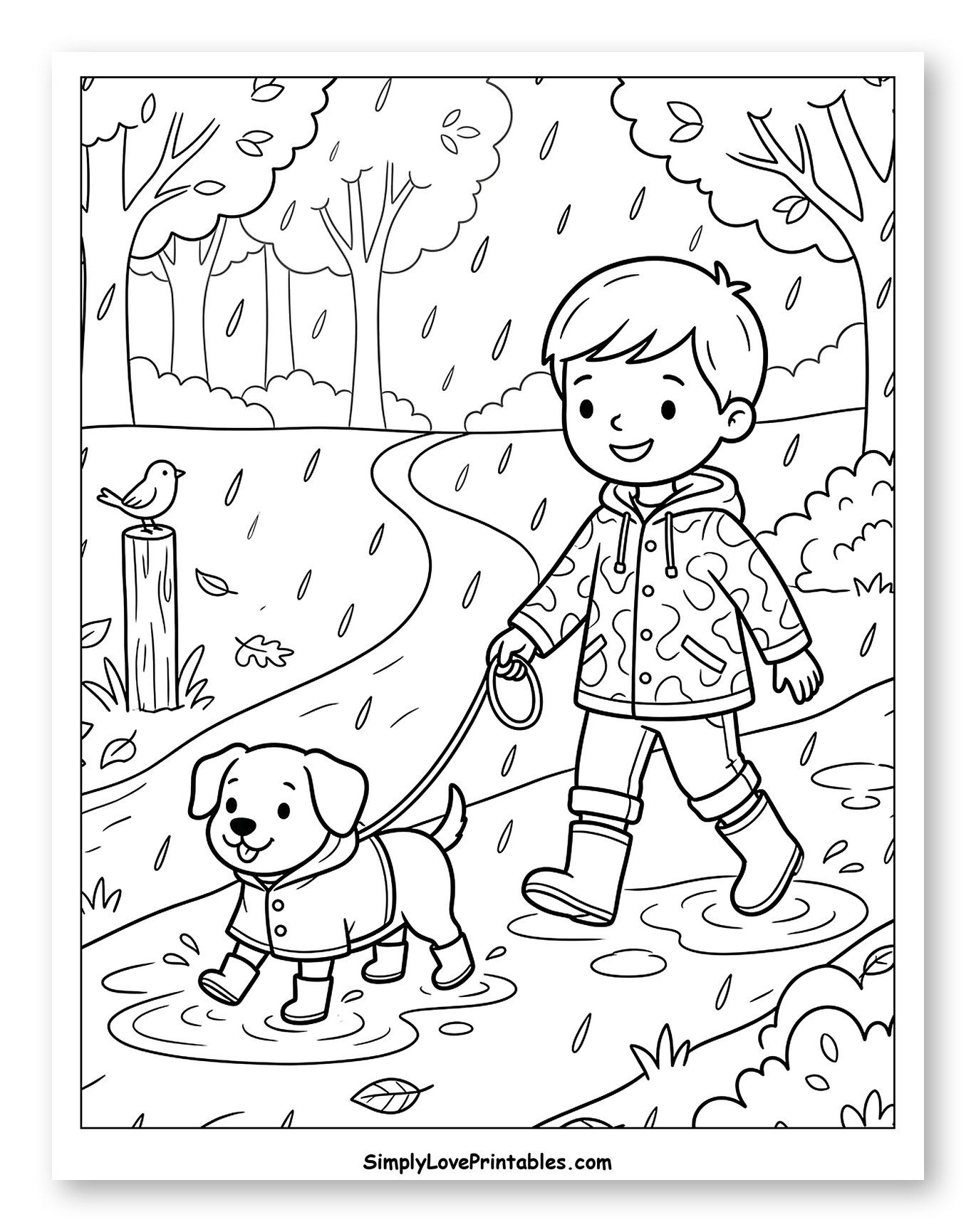 Happy Boy and Dog in Puddles