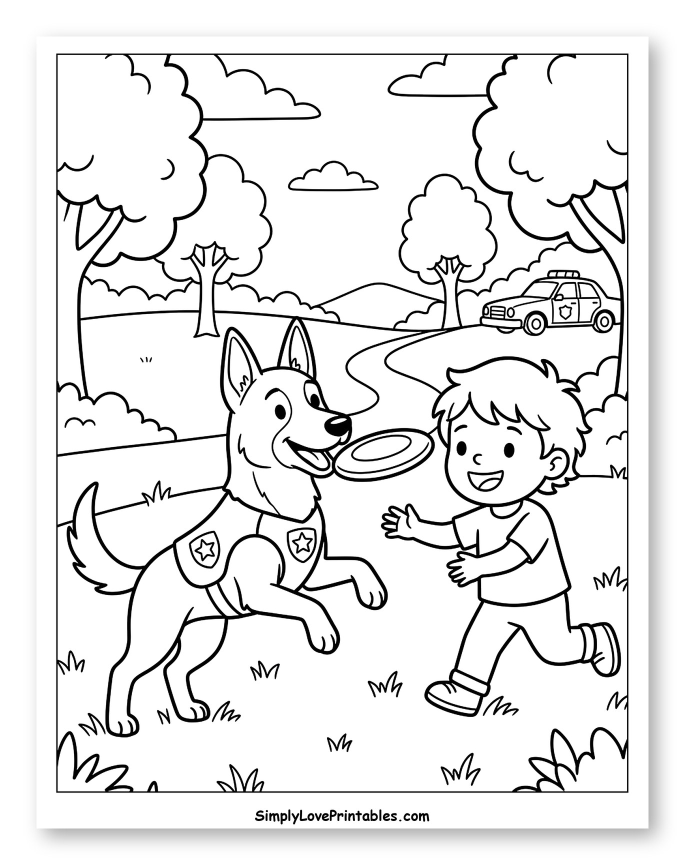 Happy Boy and Police Dog Playing Frisbee