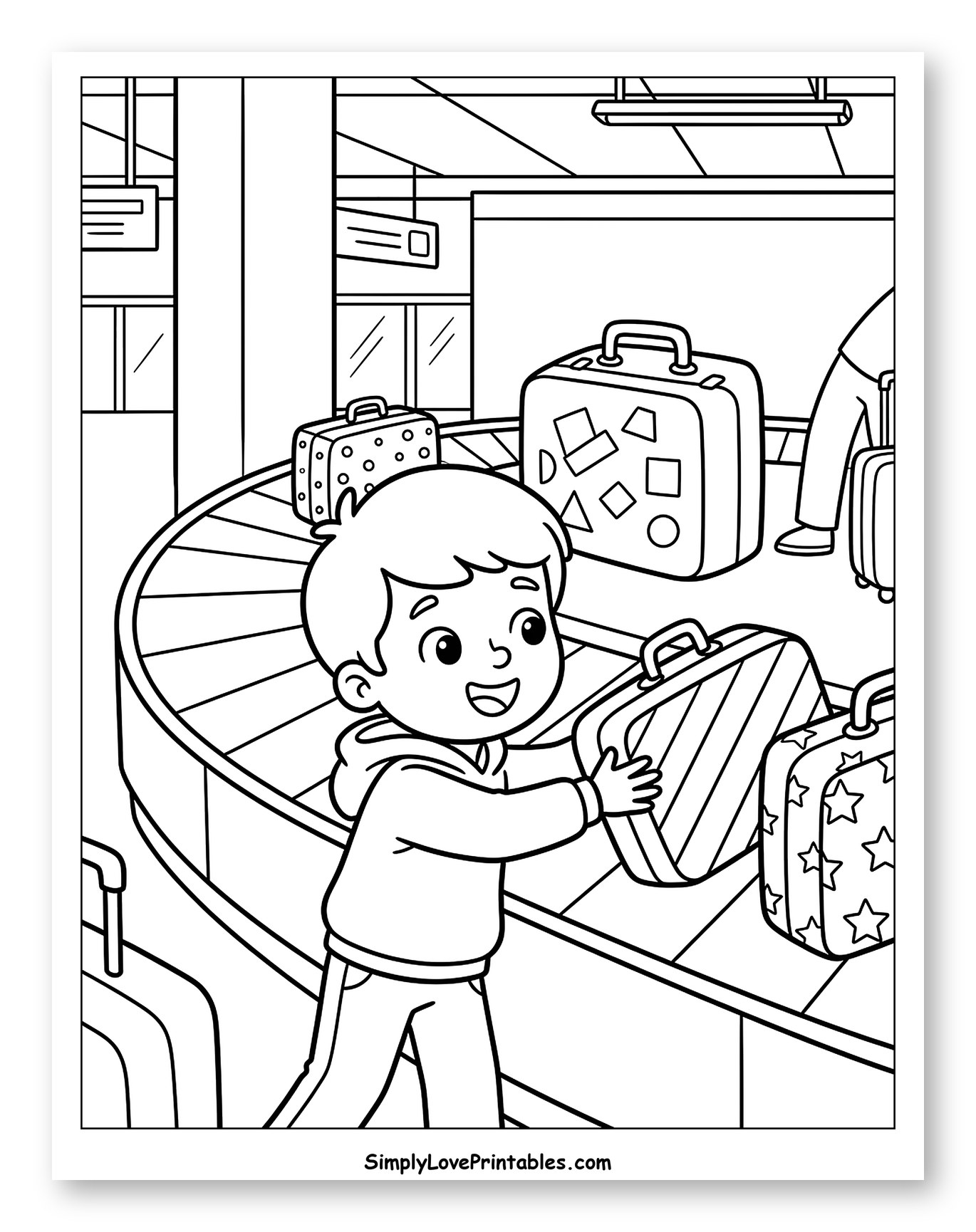 Happy Boy at Airport Baggage Carousel to Color for Kids