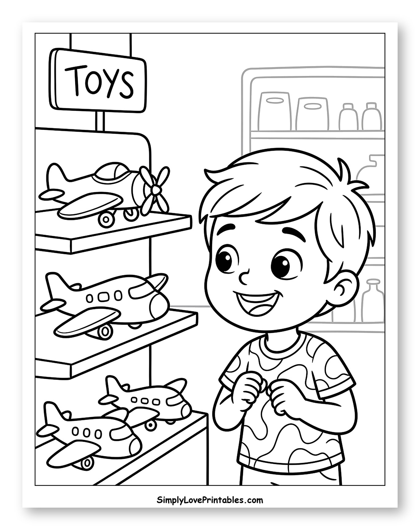Happy Boy at Toy Store with Airplanes