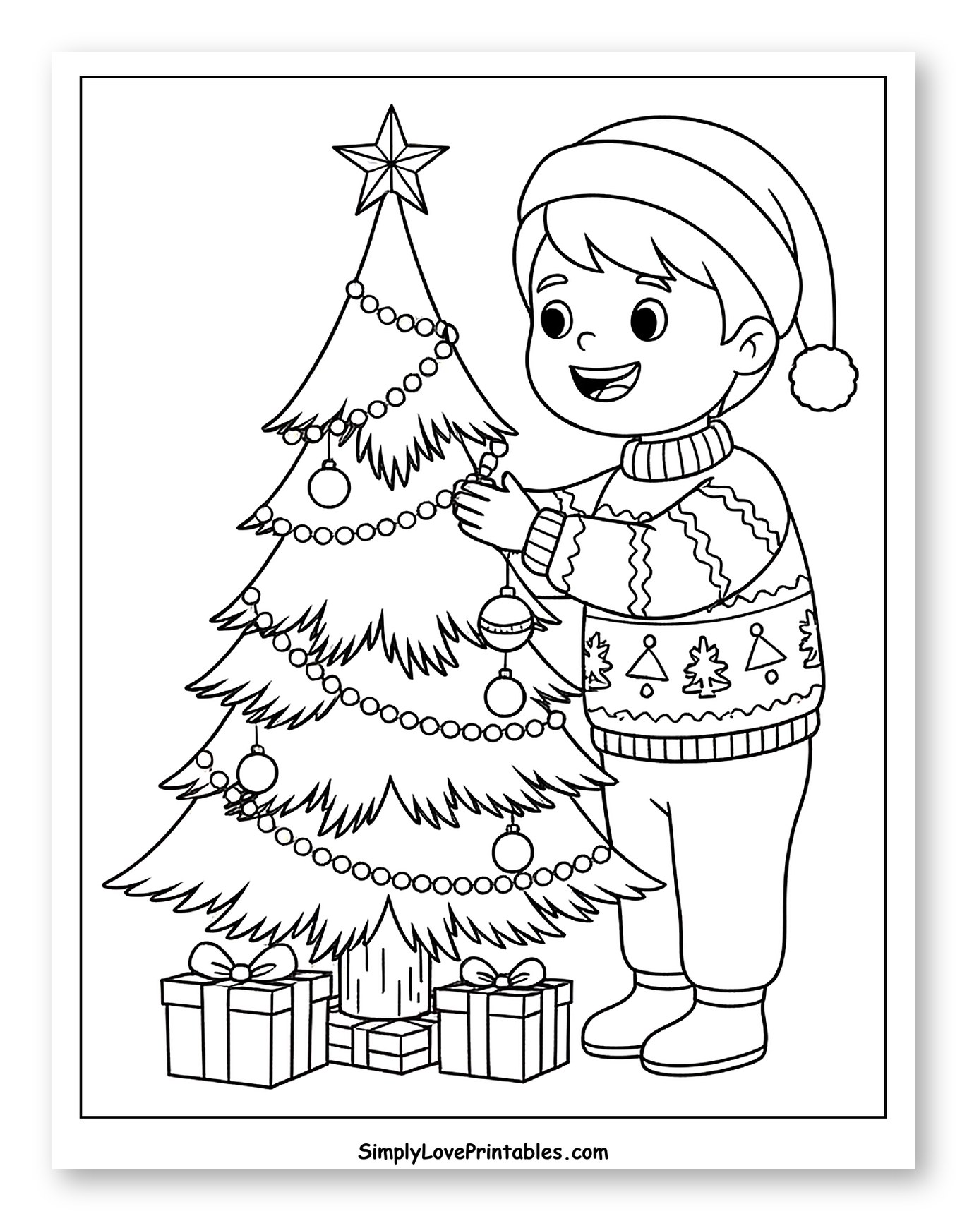 Happy Boy Decorating a Festive Christmas Tree Coloring Page for Kids