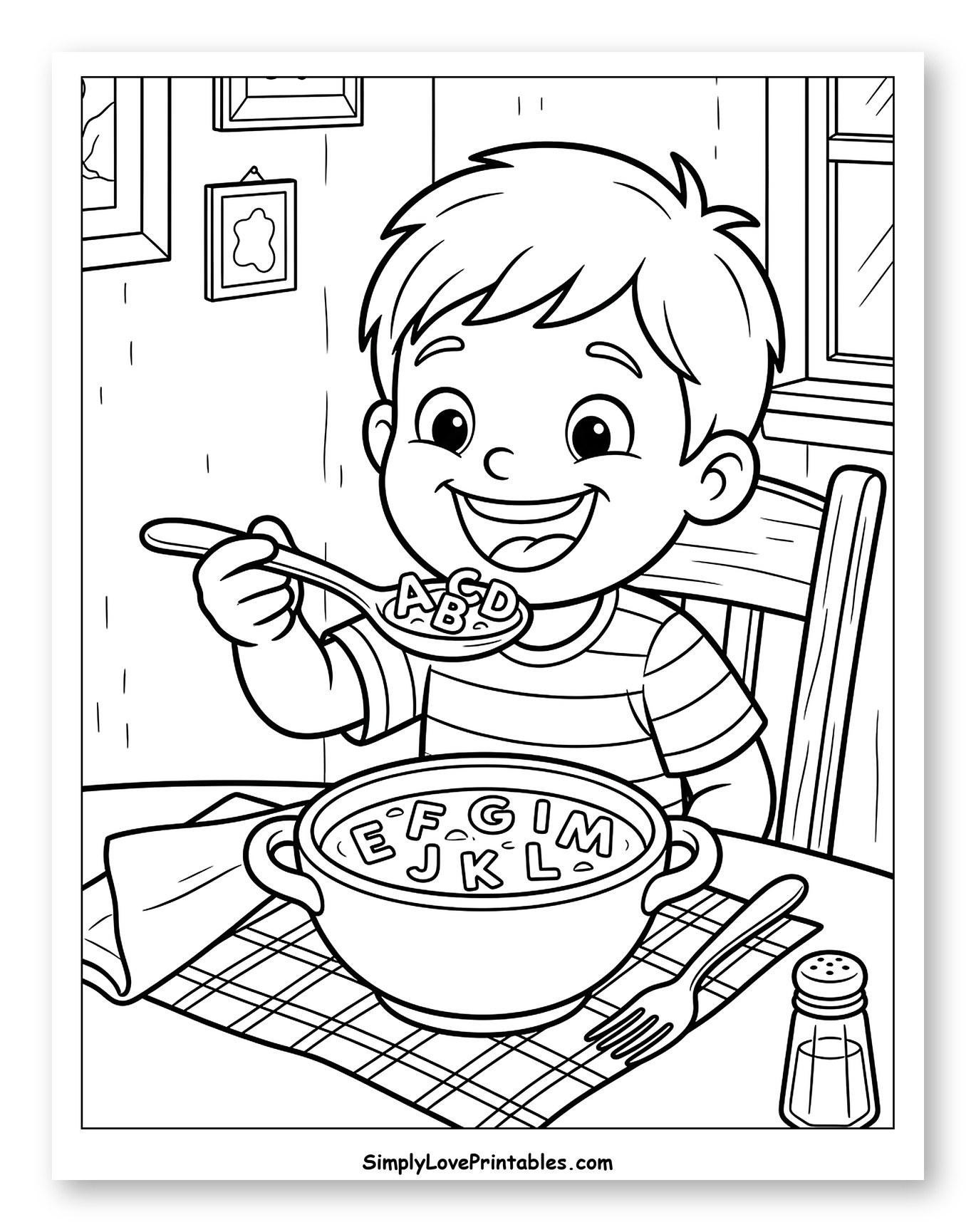 Happy Boy Eating Alphabet Soup Coloring Sheet for Kids