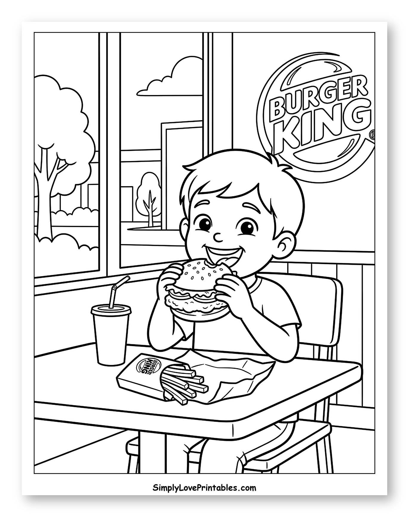 Happy Boy Eating Burger King Burger Coloring Page for Kids