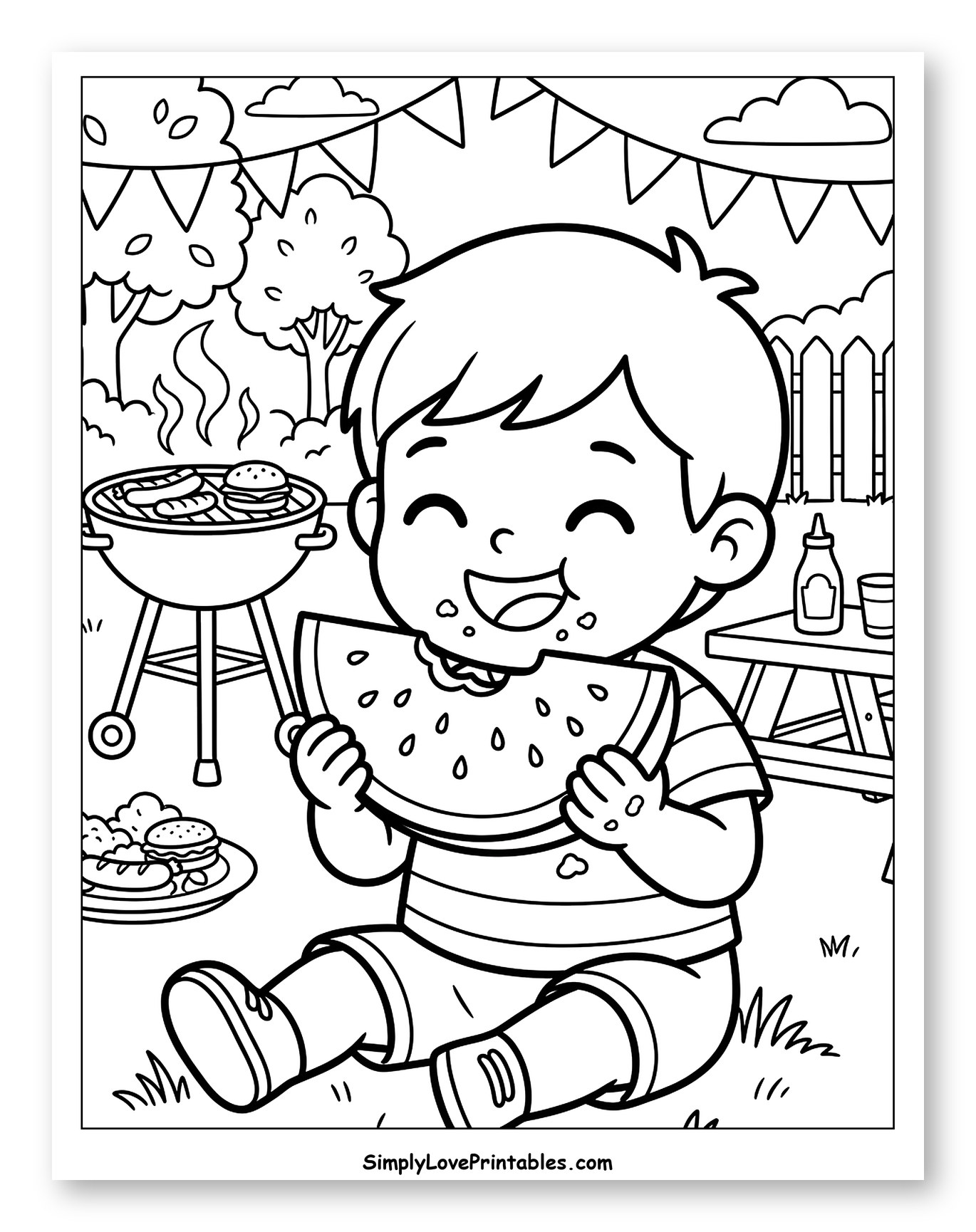 Happy Boy Eating Watermelon at Barbecue to Color for Kids