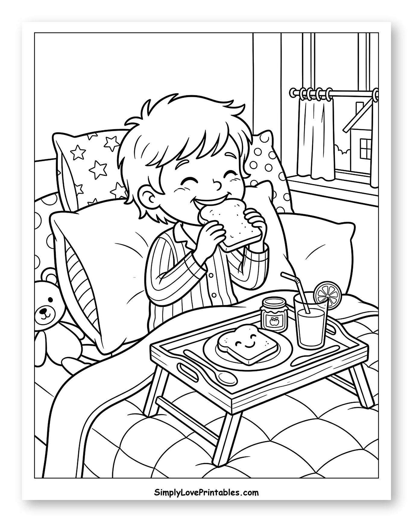 Happy Boy Enjoying Breakfast in Bed to Color for Kids