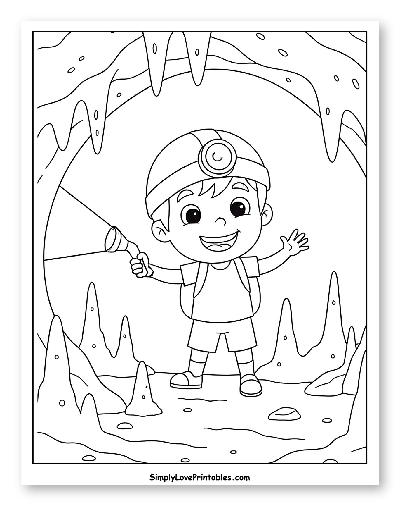 Happy Boy Exploring a Cave with Flashlight