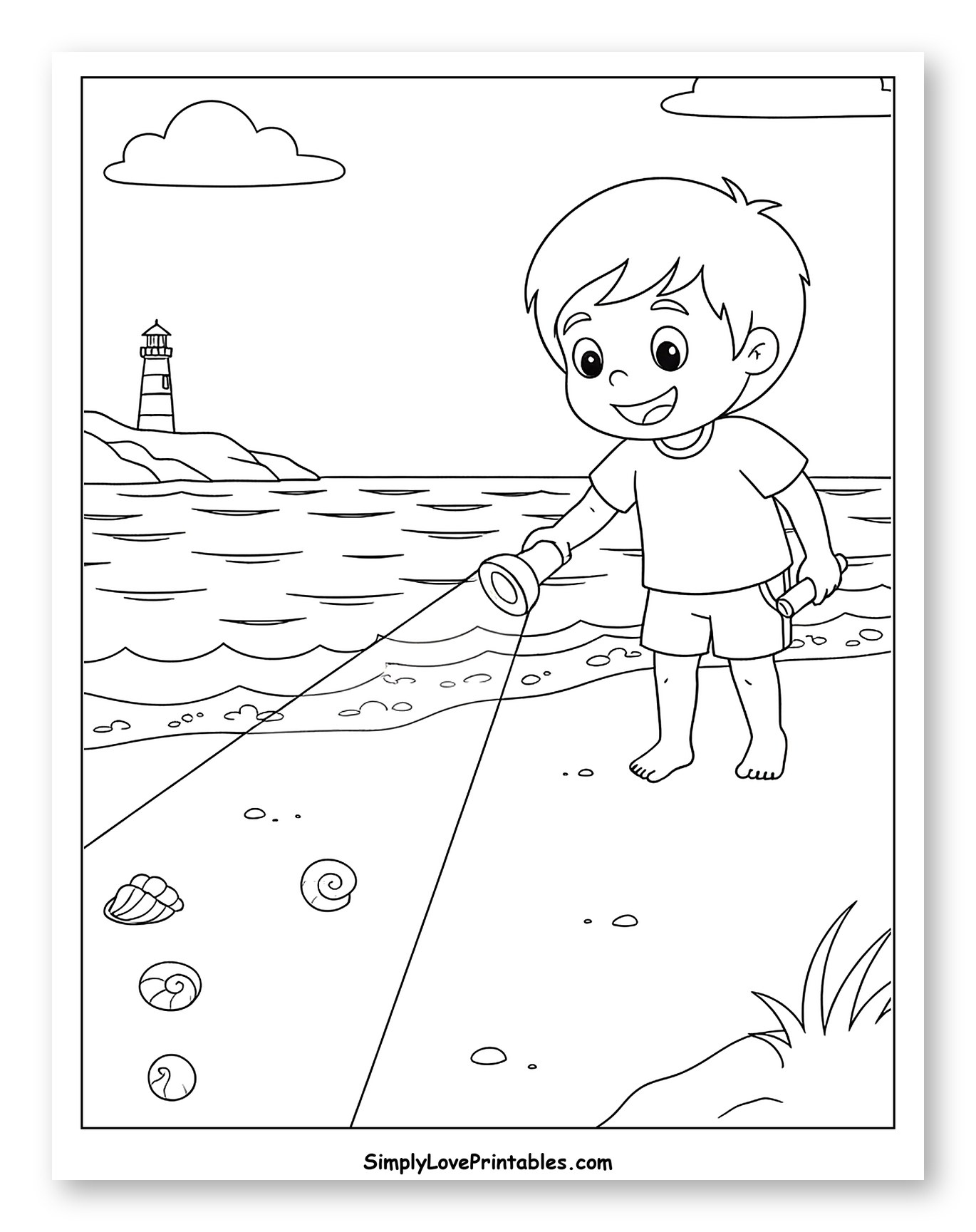 Happy Boy Exploring Beach with Flashlight