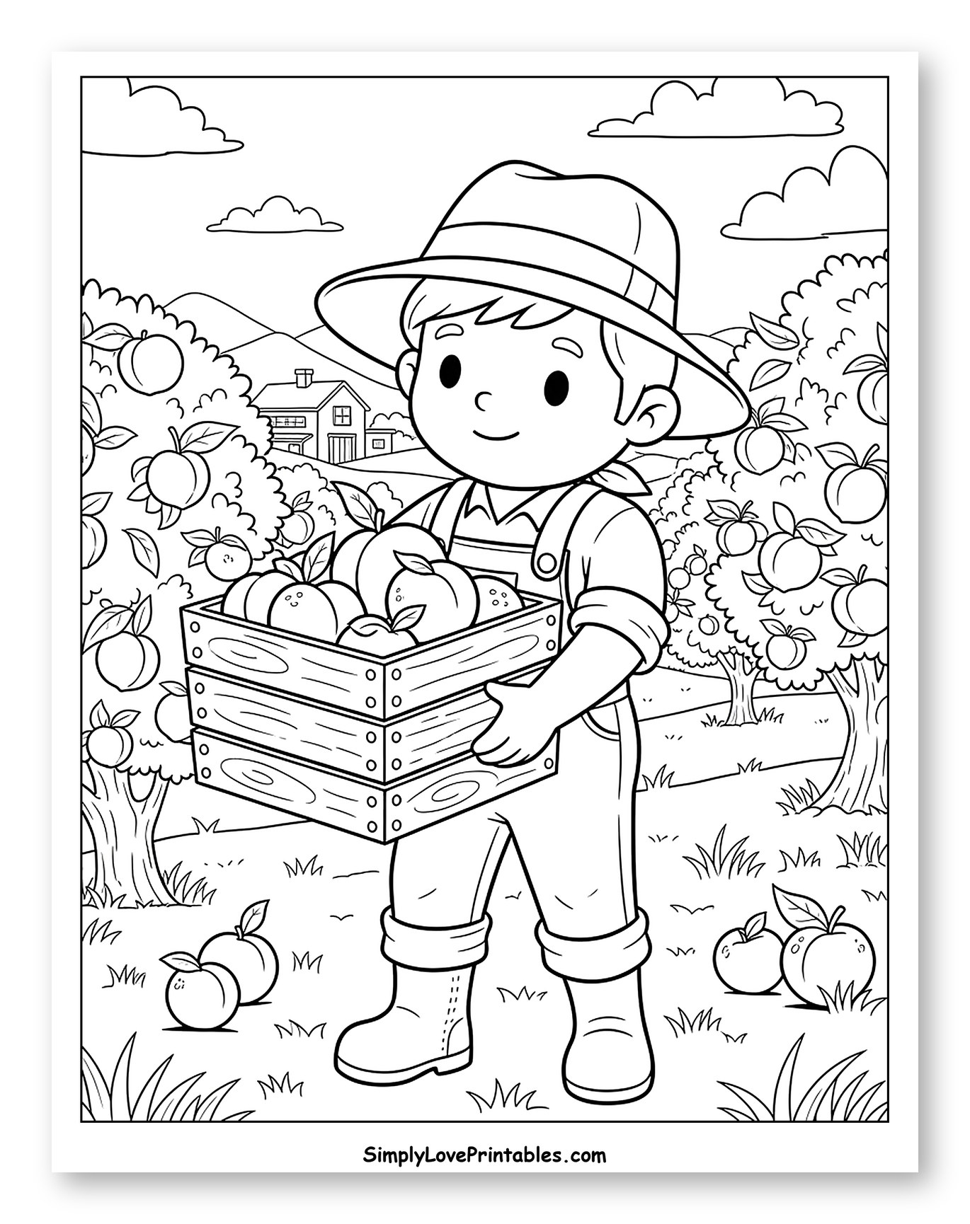 Happy Boy Farmer with Crate of Peaches to Color for Kids