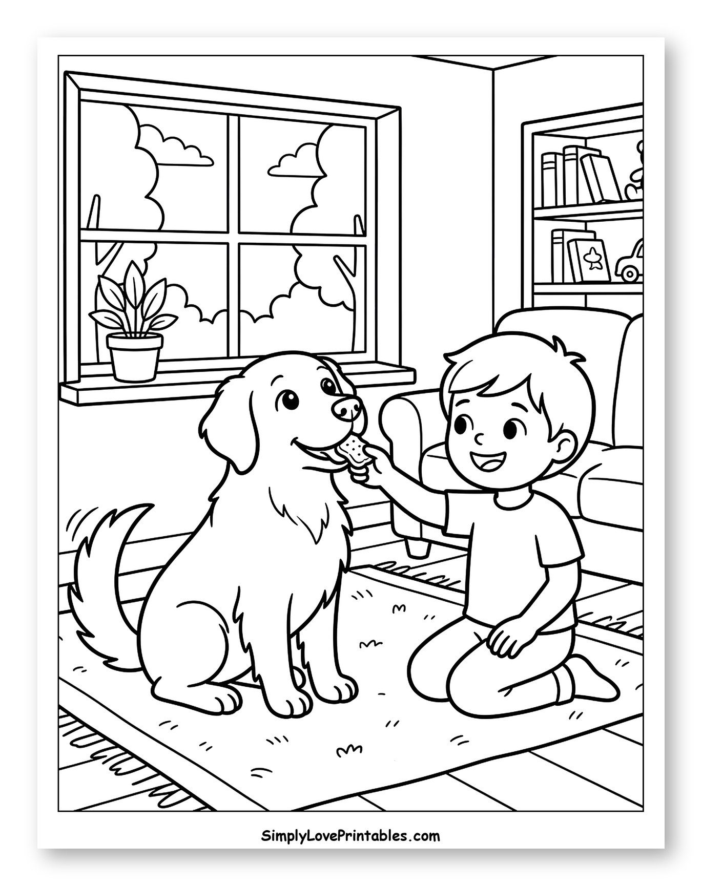 Happy Boy Feeding Dog a Treat Indoors