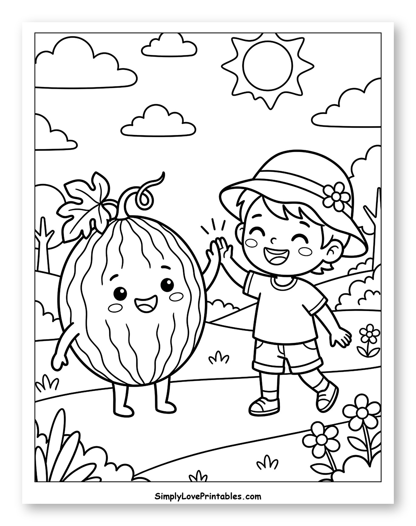 Happy Boy High-Fiving Cute Watermelon to Color for Kids