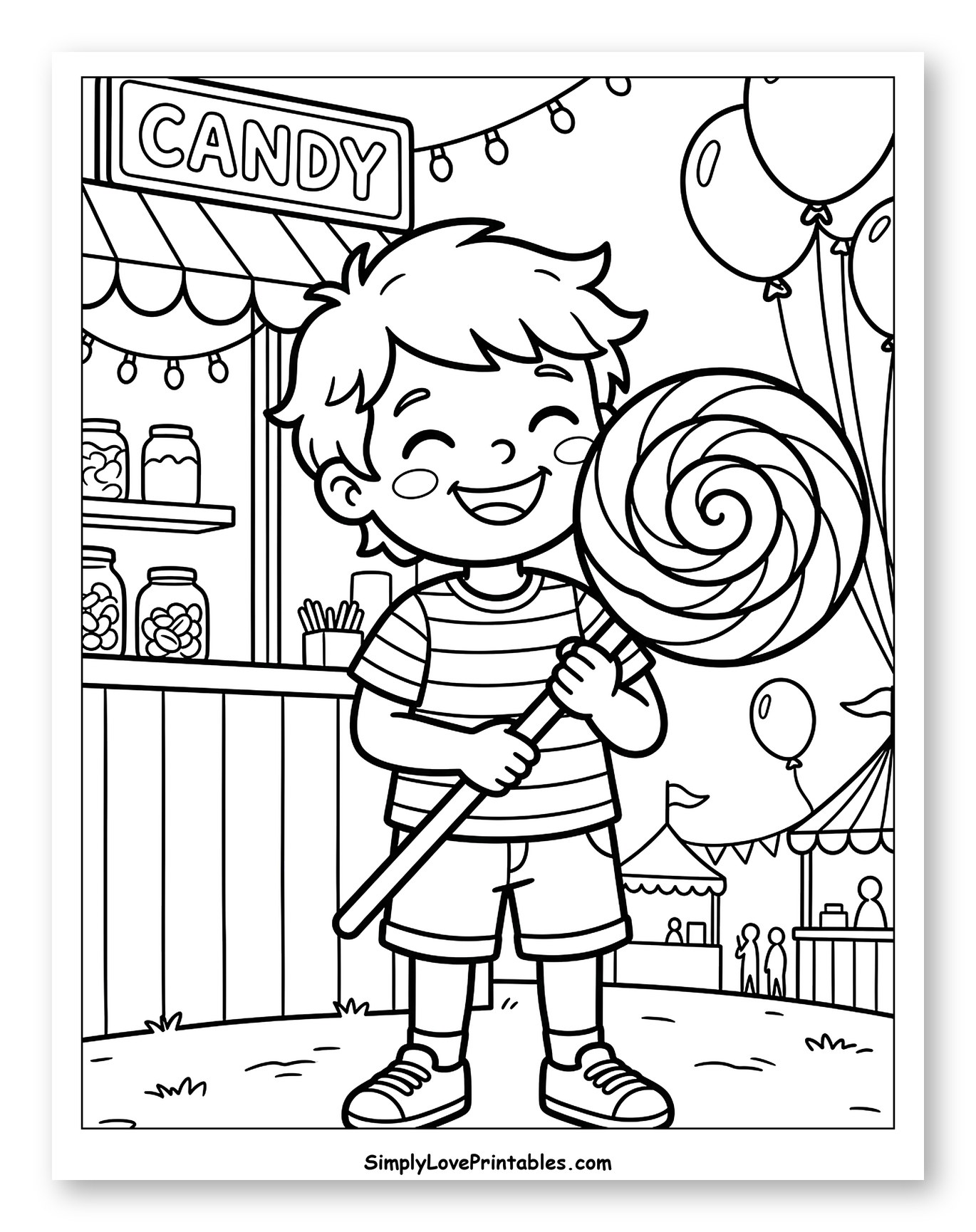 Happy Boy Holding a Giant Lollipop Coloring Sheet for Kids