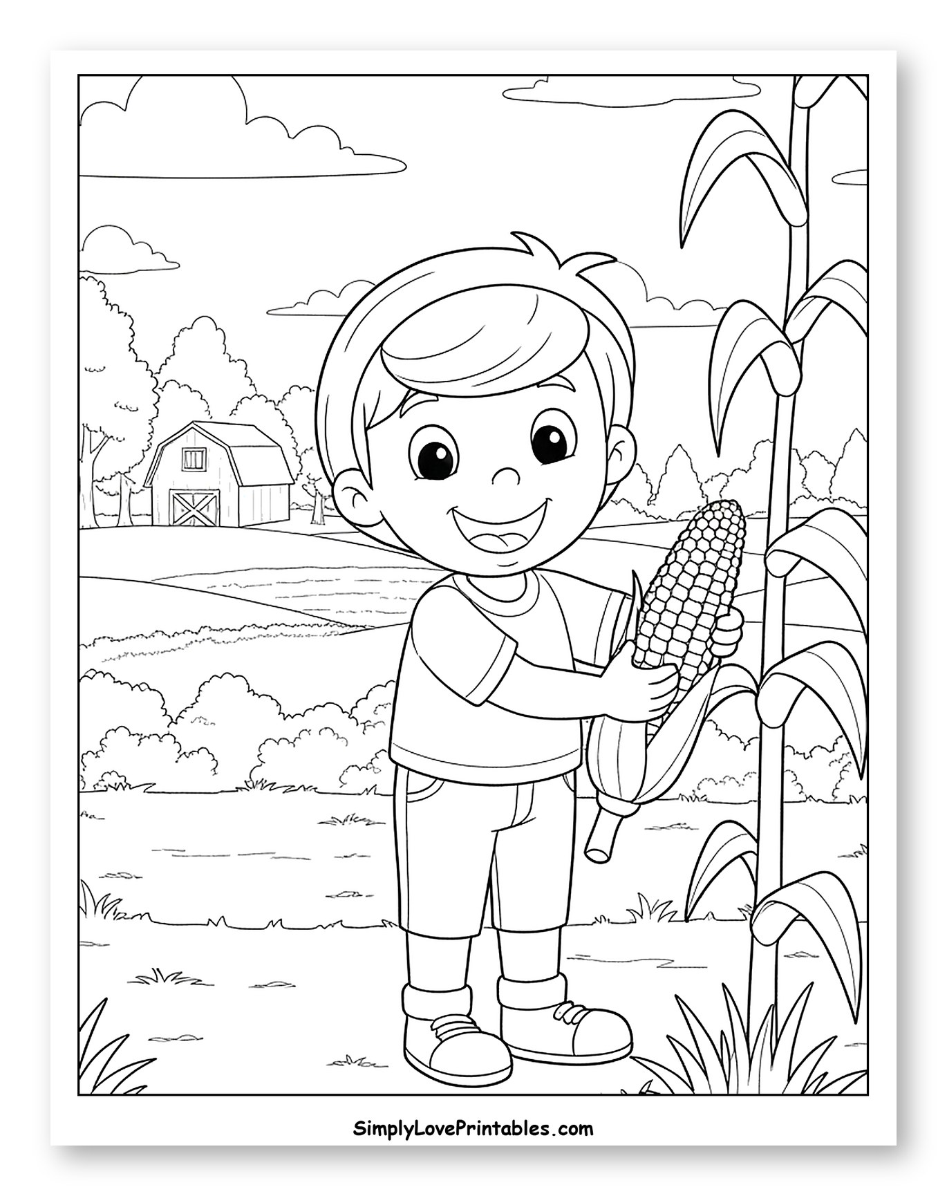 Happy Boy Holding Ear of Corn on Farm Coloring Page for Kids