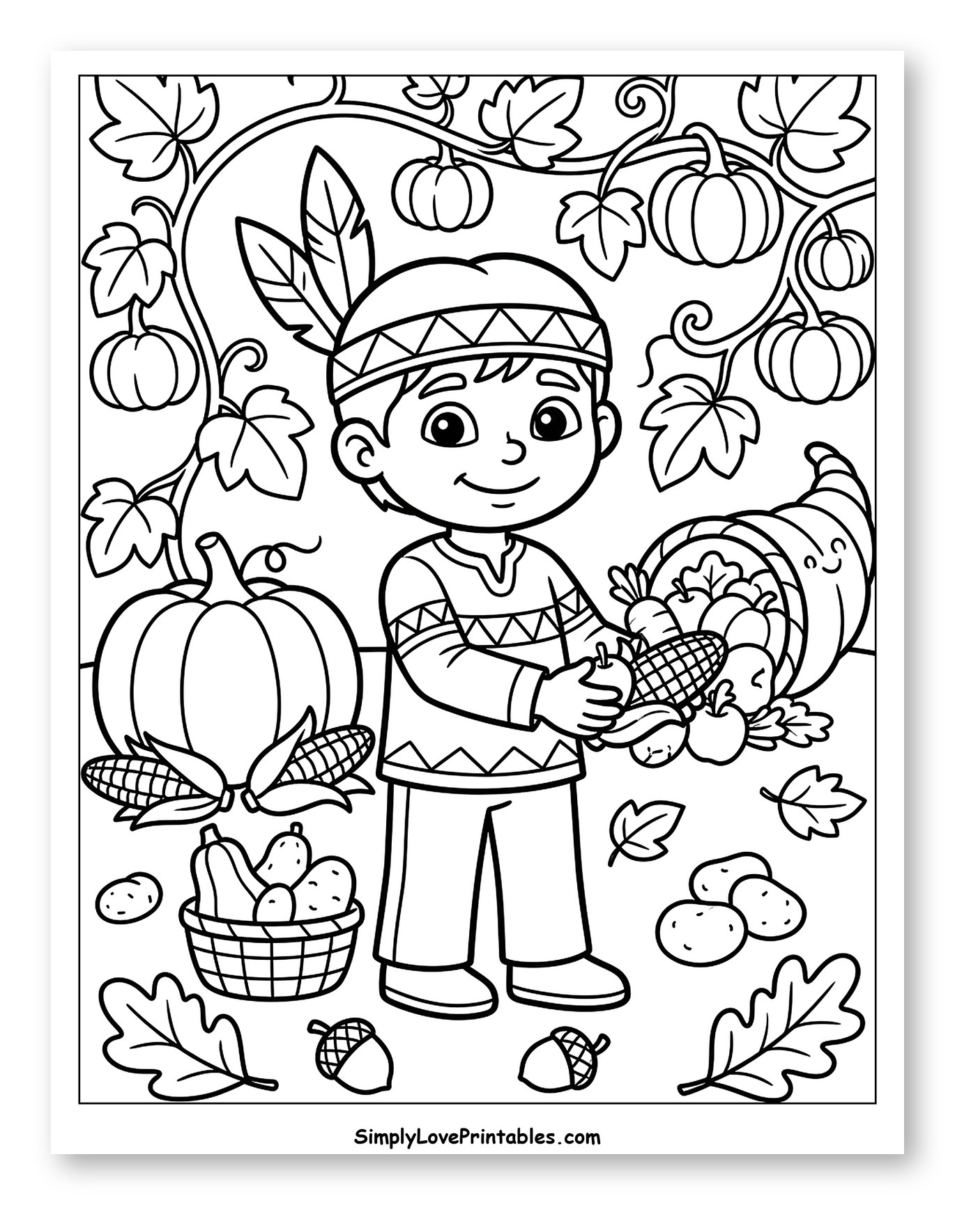 Happy Boy Holding Thanksgiving Harvest to Color for Toddlers