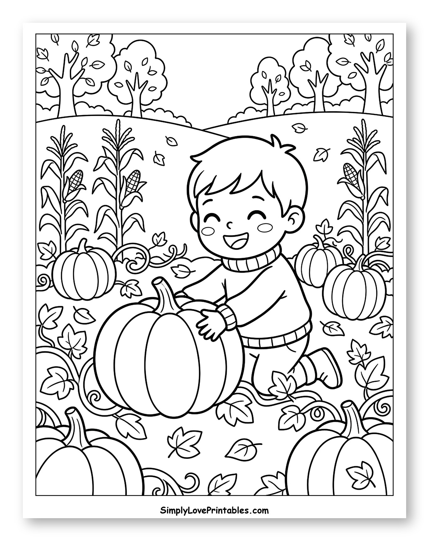 Happy Boy Hugging a Giant Autumn Pumpkin