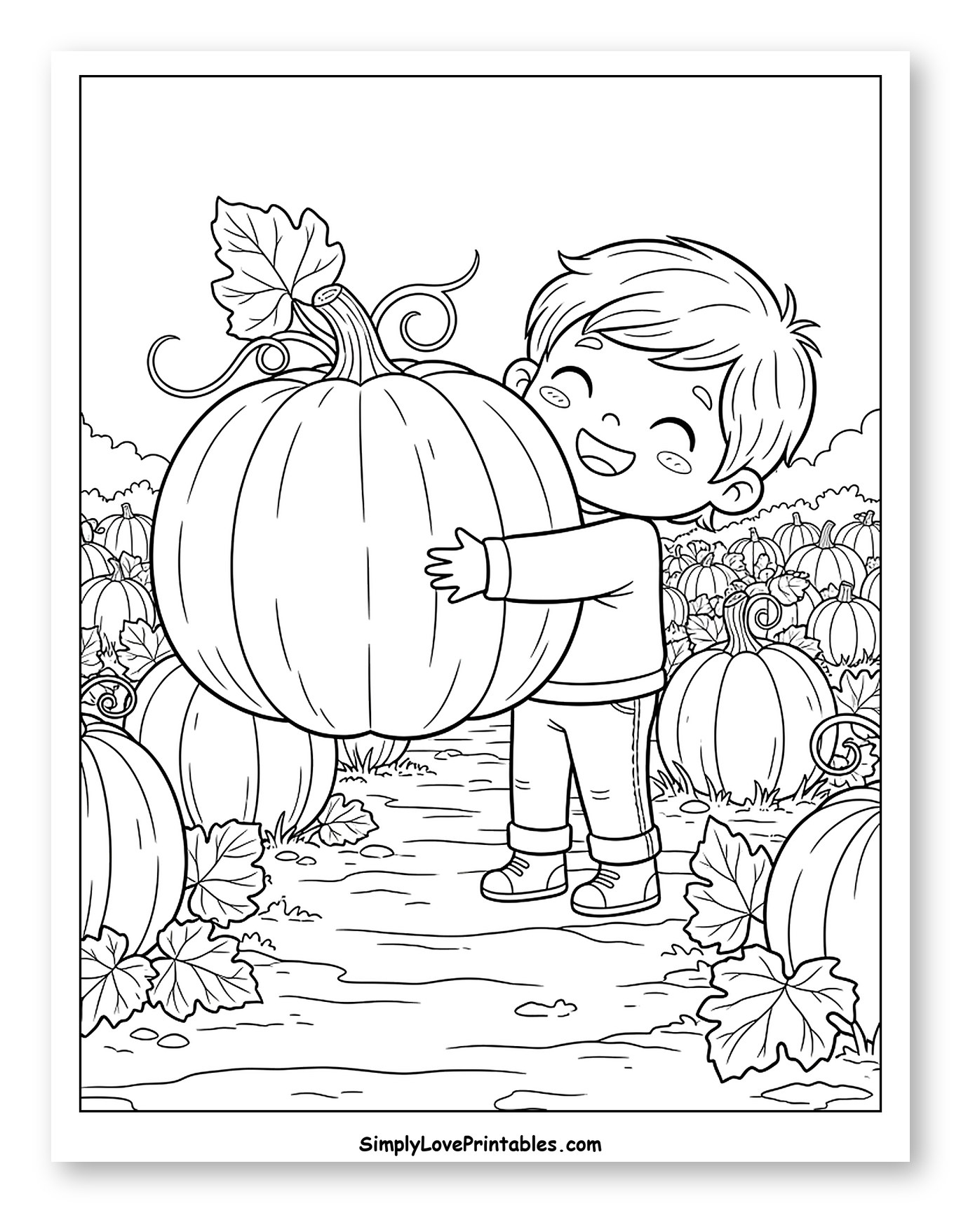Happy Boy Hugging a Giant Pumpkin to Color for Kids