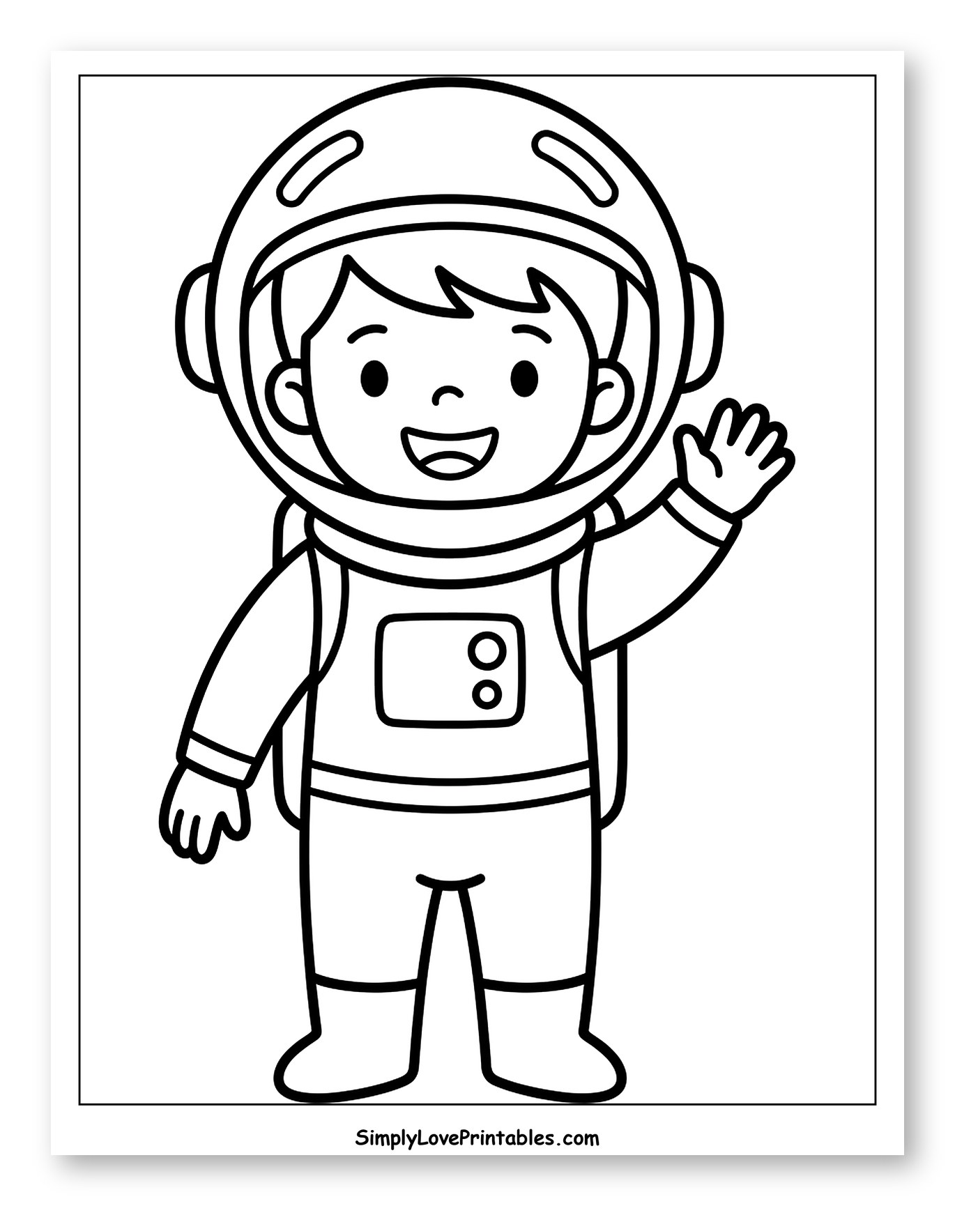 Happy Boy in Astronaut Suit Waving Coloring Page for Toddlers