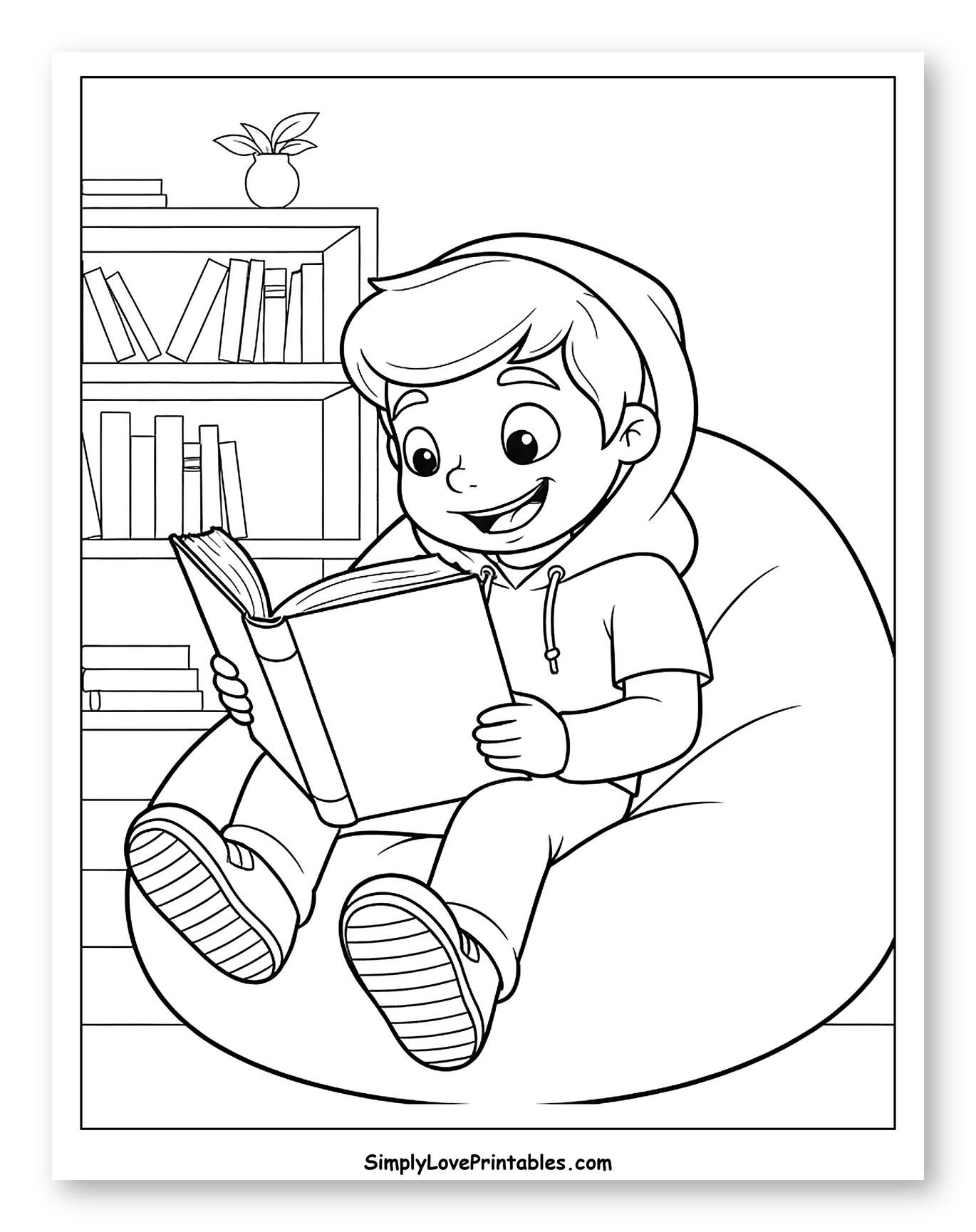 Happy Boy in Hoodie Reading on Bean Bag Coloring Page for Kids