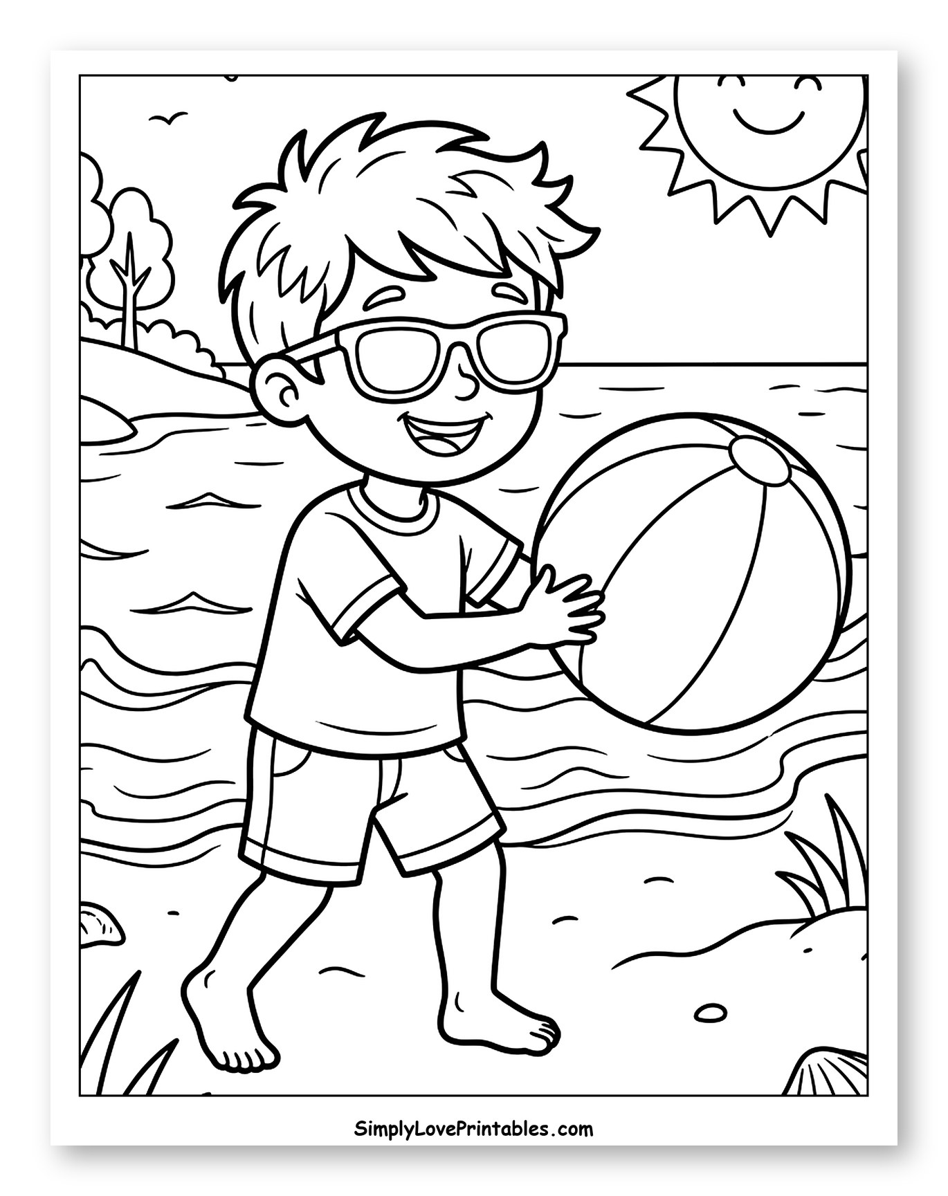 Happy Boy on Beach with Beach Ball Coloring Sheet for Kids