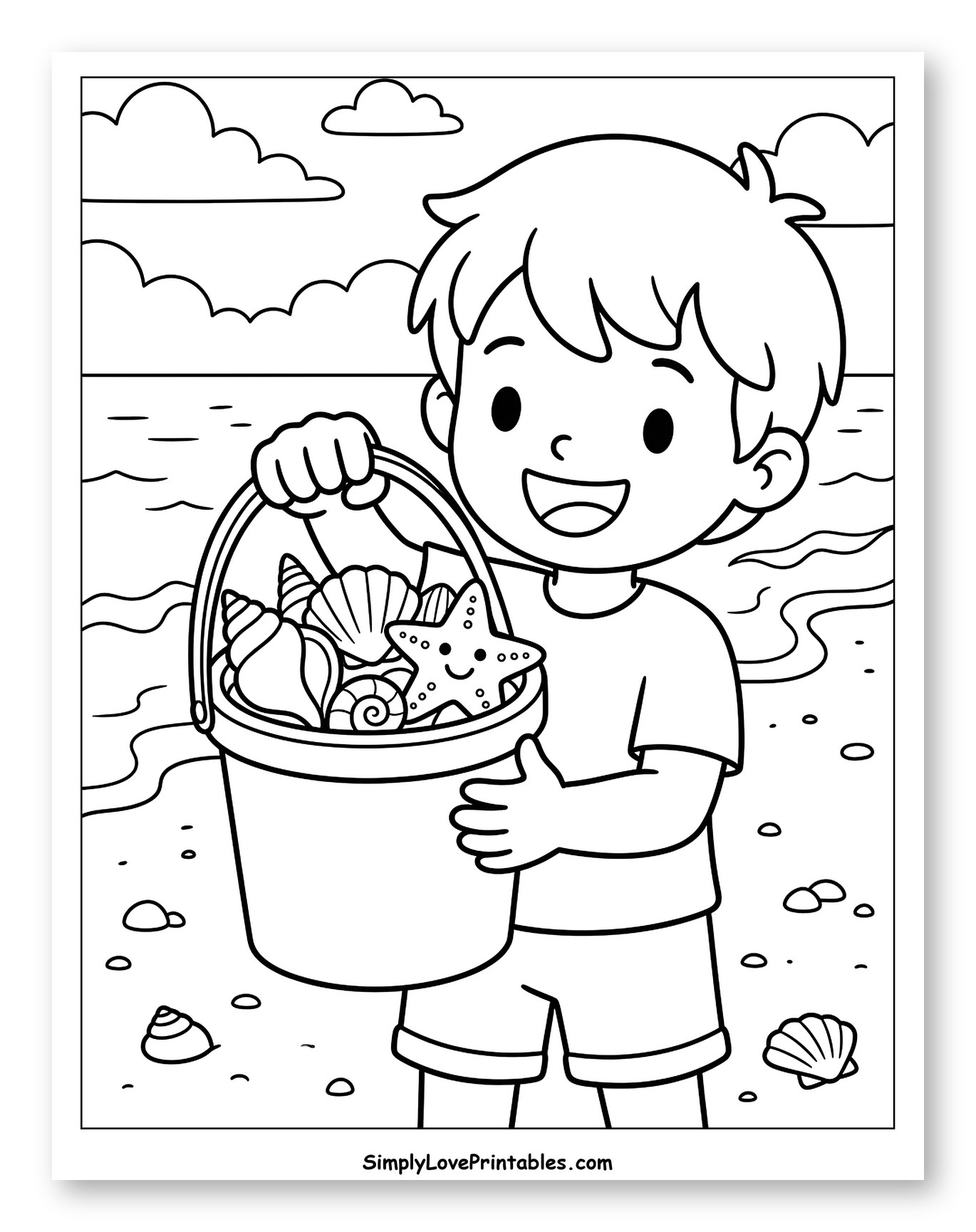 Happy Boy on Beach with Seashell Bucket Coloring Page for Kids
