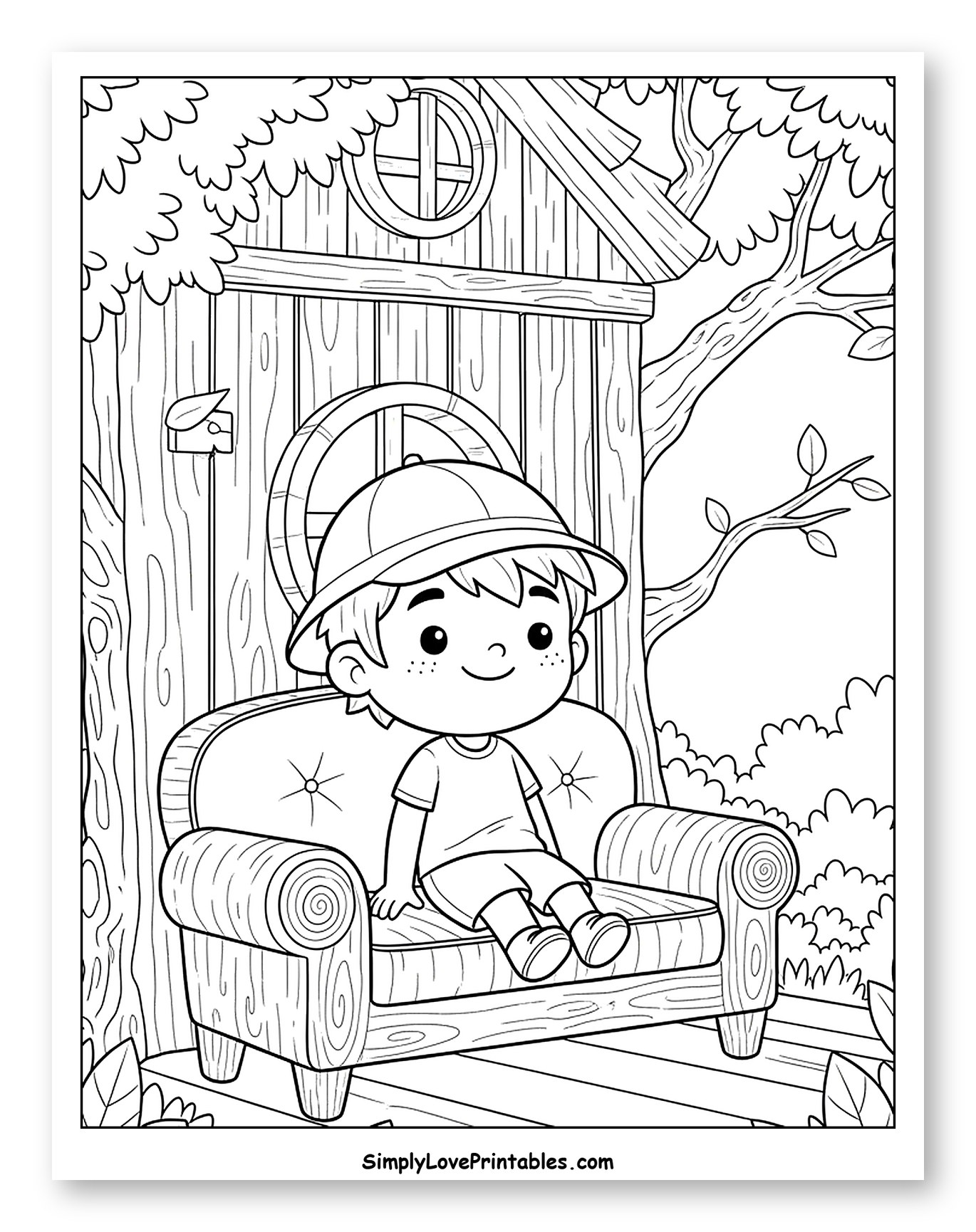 Happy Boy on Wooden Sofa by Treehouse Coloring Sheet for Kids