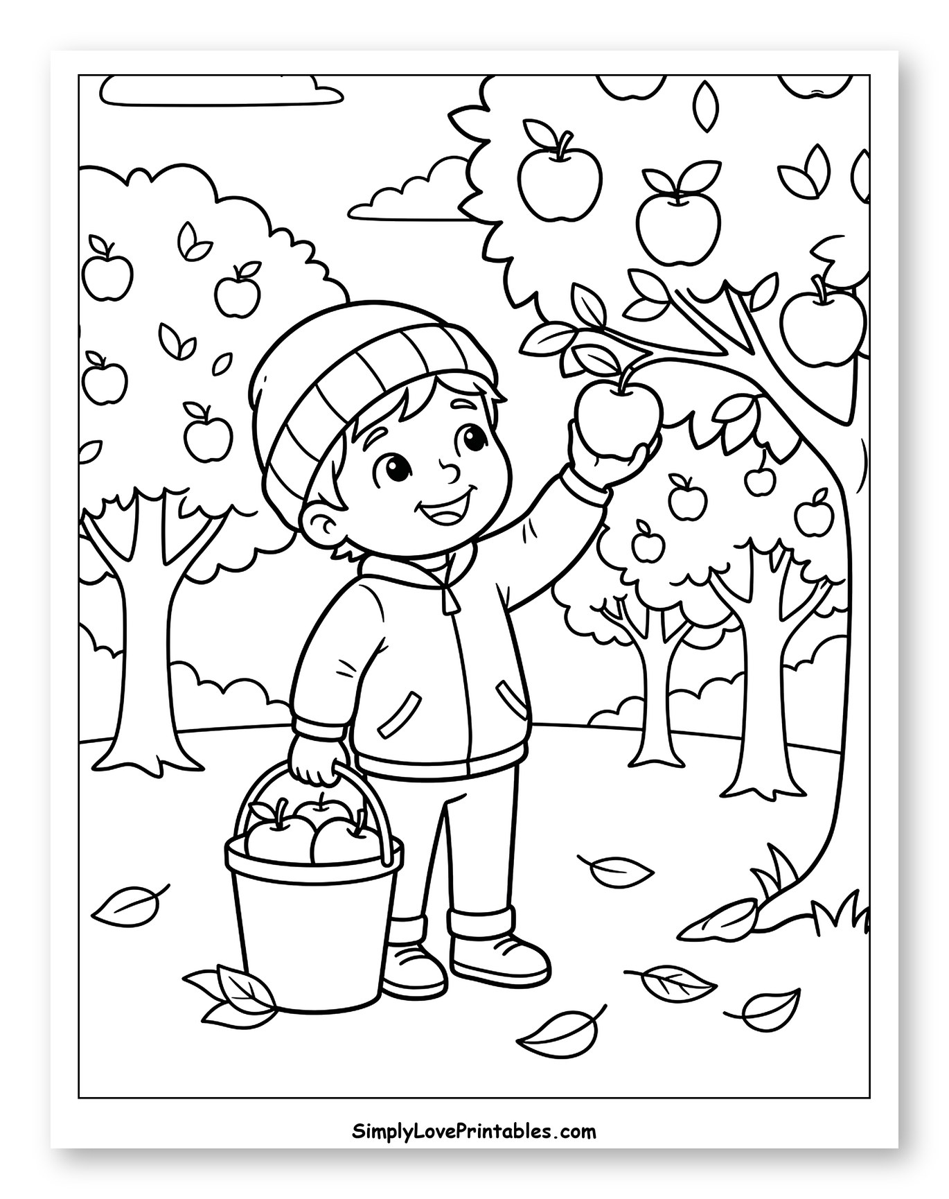 Happy Boy Picking Apples in Autumn