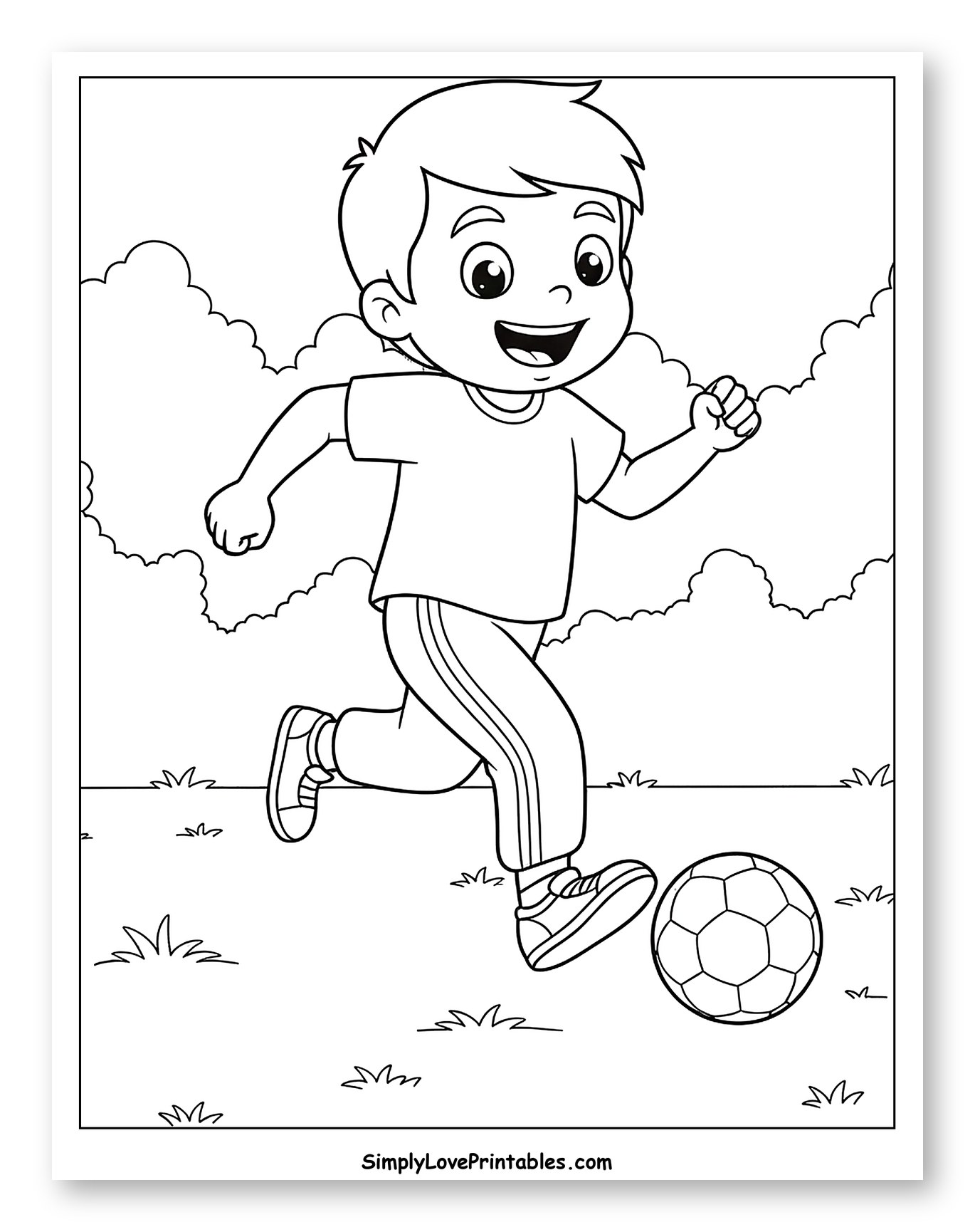 Happy Boy Playing Soccer Coloring Page for Kids
