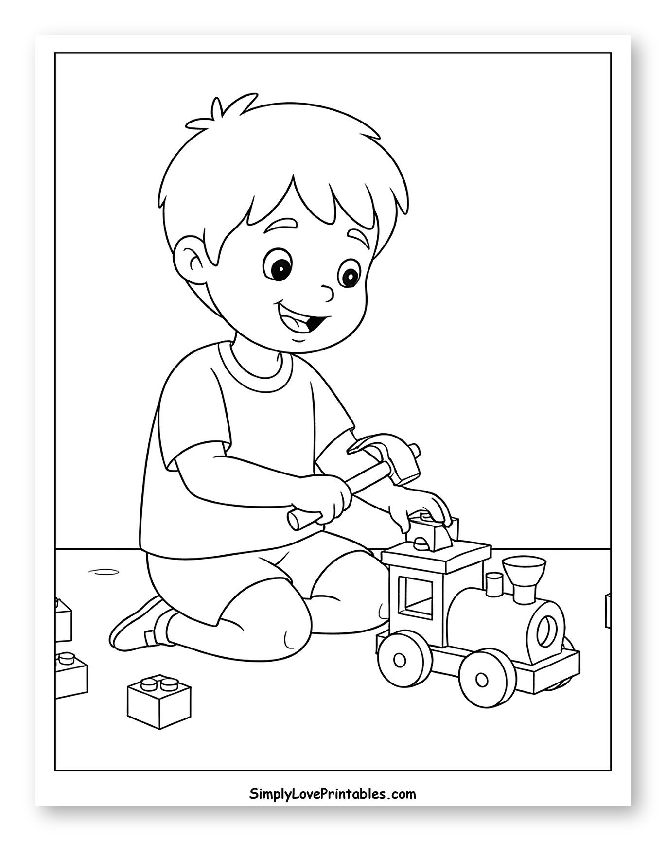 Happy Boy Playing with Toy Train and Hammer Coloring Page for Kids