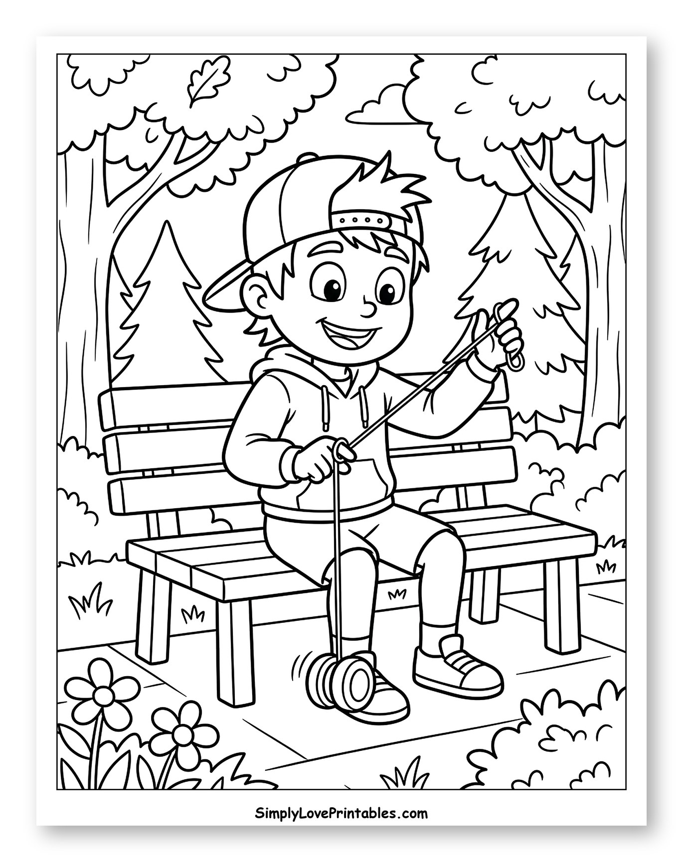 Happy Boy Playing Yoyo on a Park Bench