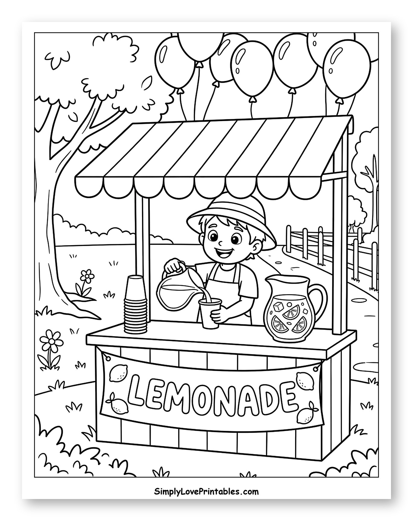 Happy Boy Pouring Lemonade at Stand Coloring Sheet for Kids