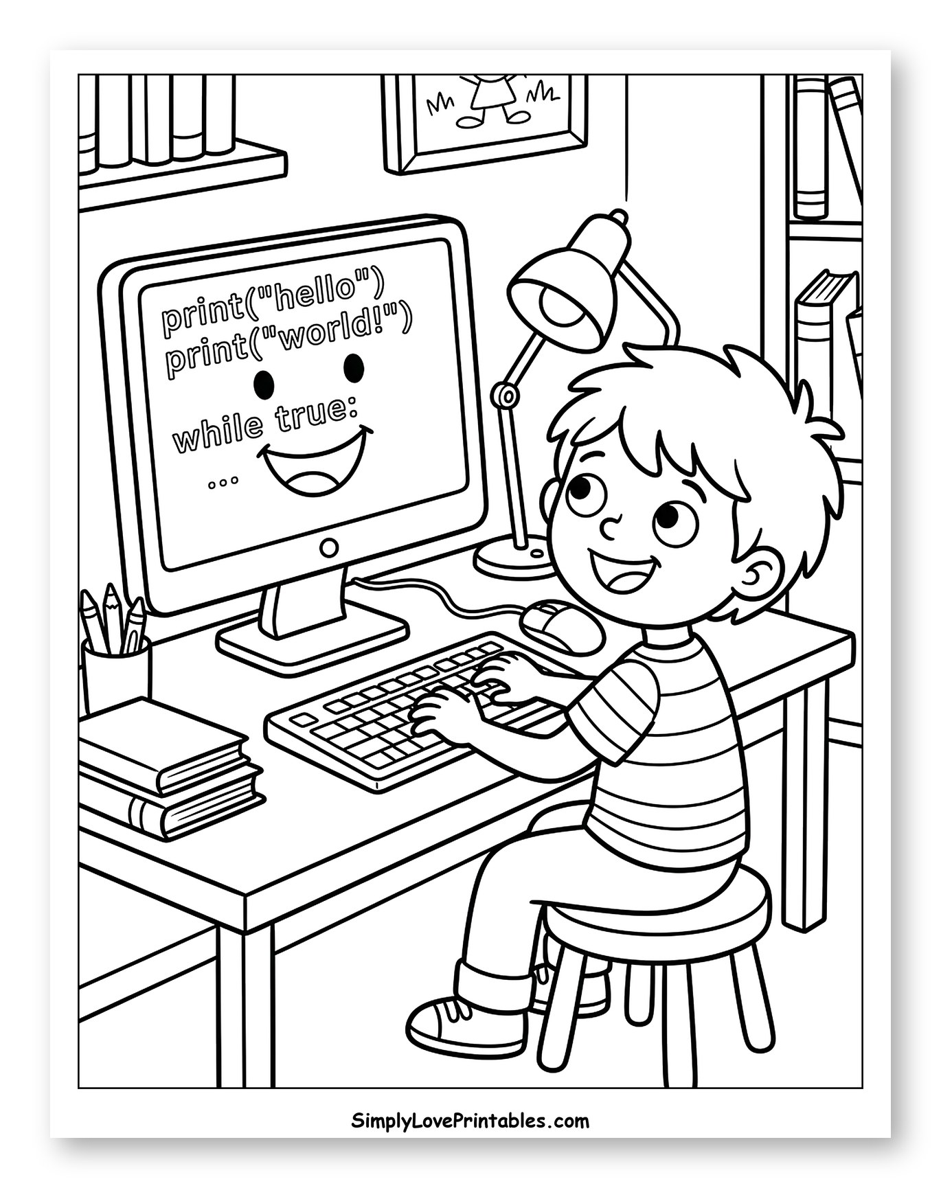 Happy Boy Programming at Desk Coloring Sheet for Kids