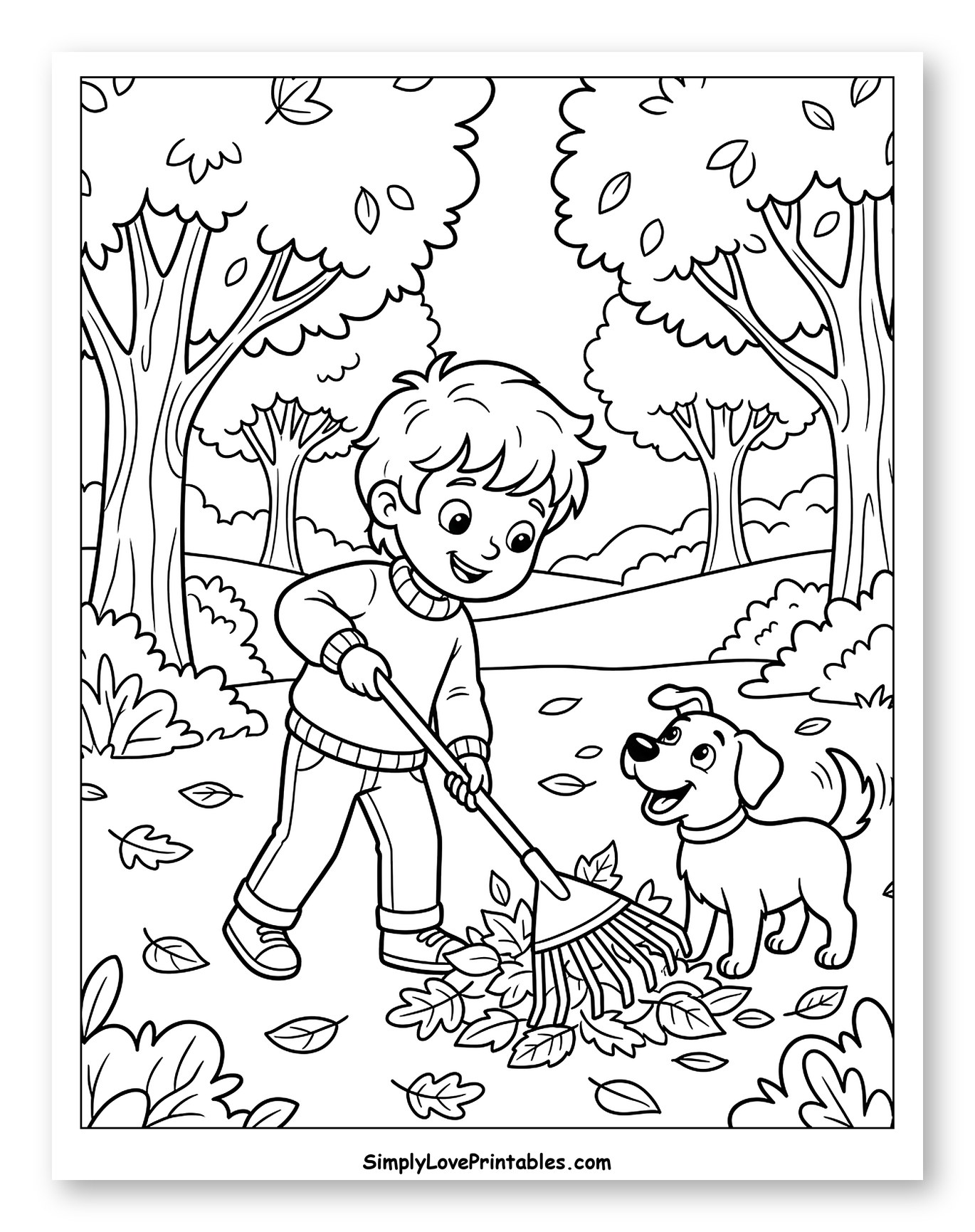Happy Boy Raking Fall Leaves With Dog