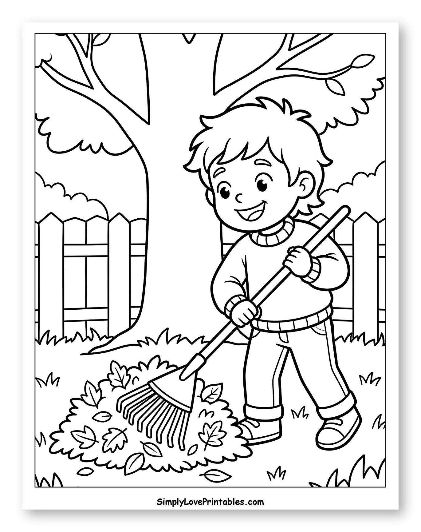 Happy Boy Raking Leaves Under a Tree to Color for Kids