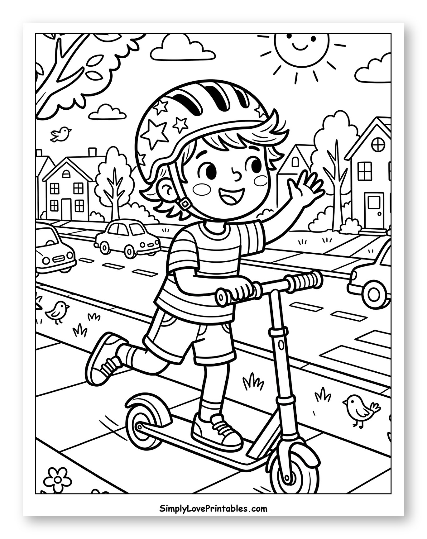 Happy Boy Riding Scooter with Helmet