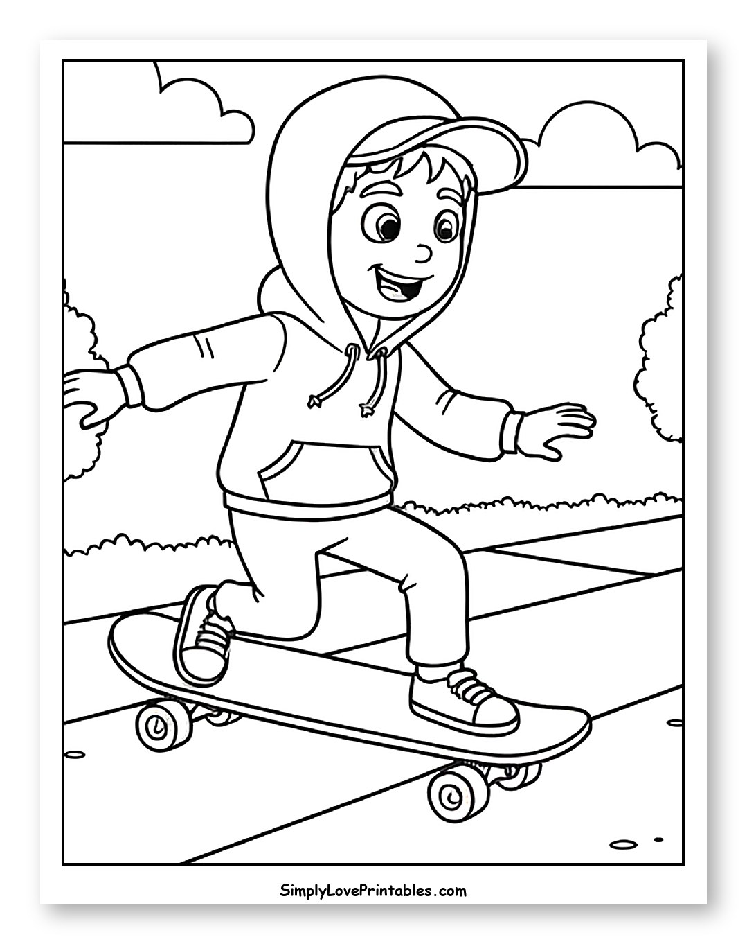 Happy Boy Skateboarding in a Park Coloring Sheet for Kids