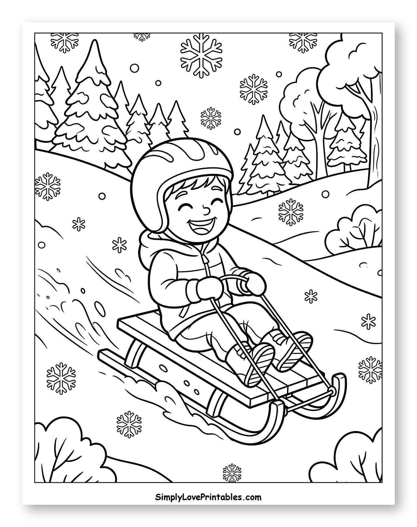 Happy Boy Sledding Down a Snowy Hill Coloring Sheet for Kids