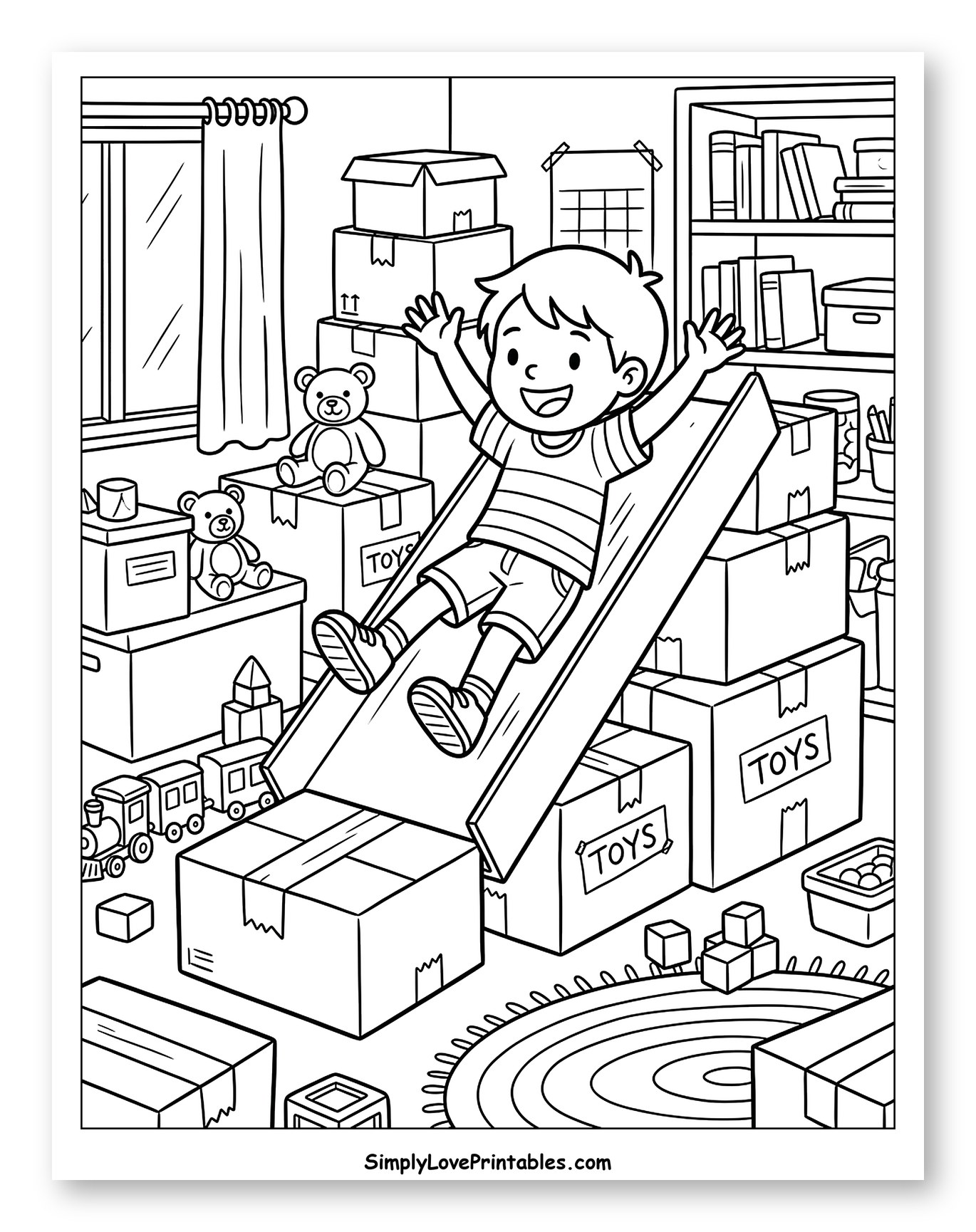 Happy Boy Sliding Down Moving Boxes