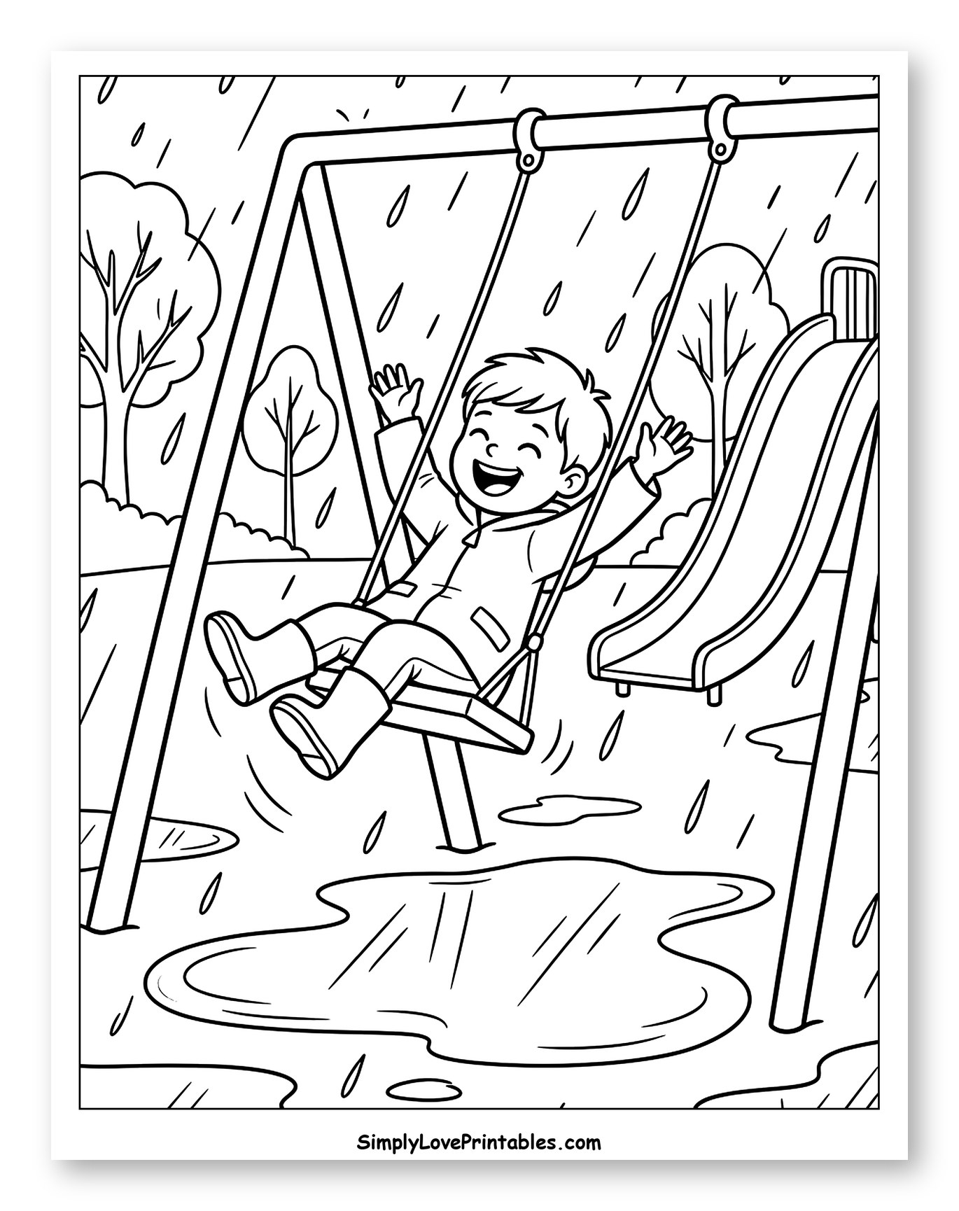 Happy Boy Swinging in the Rain