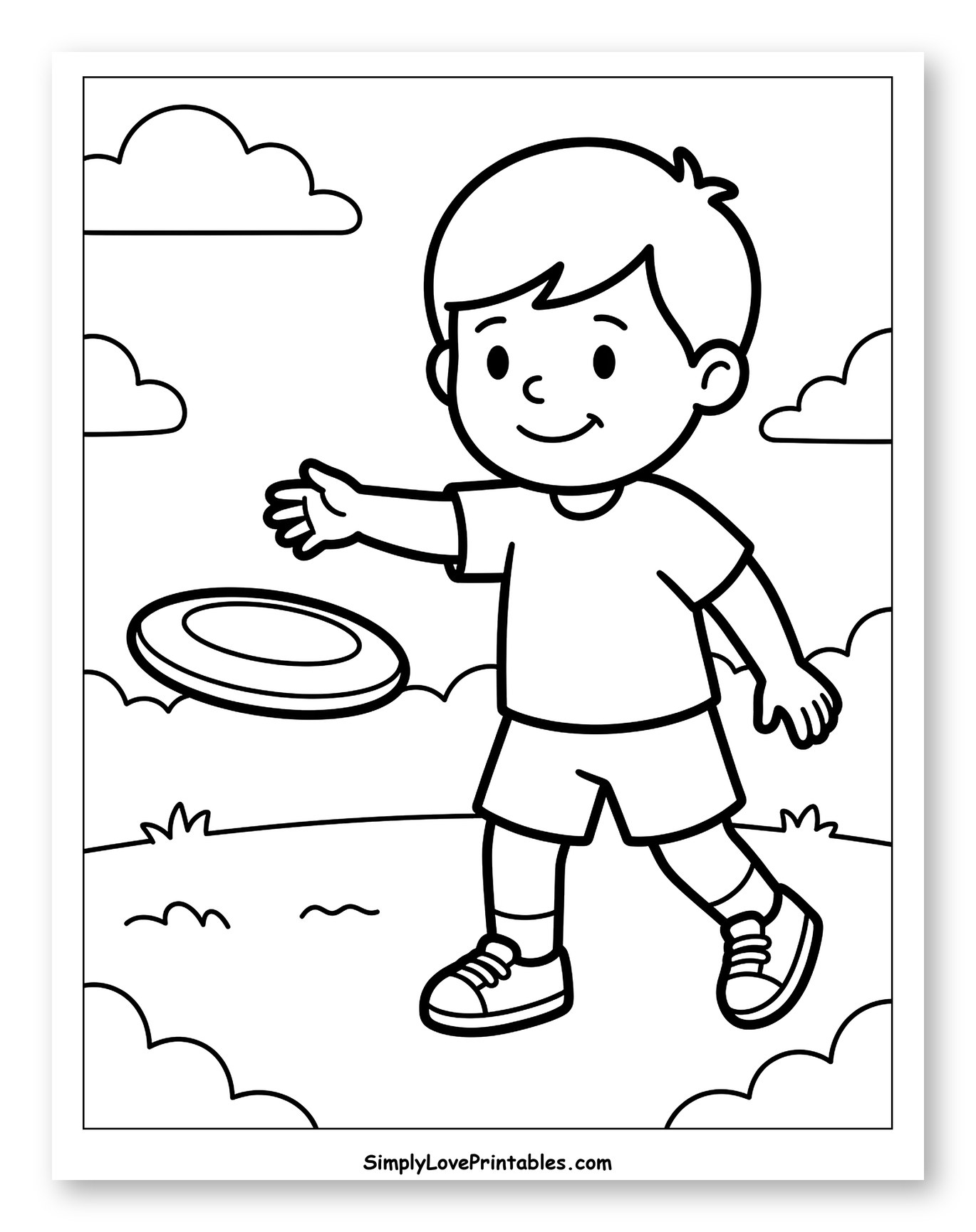 Happy Boy Throwing a Frisbee Outdoors Coloring Page for Toddlers