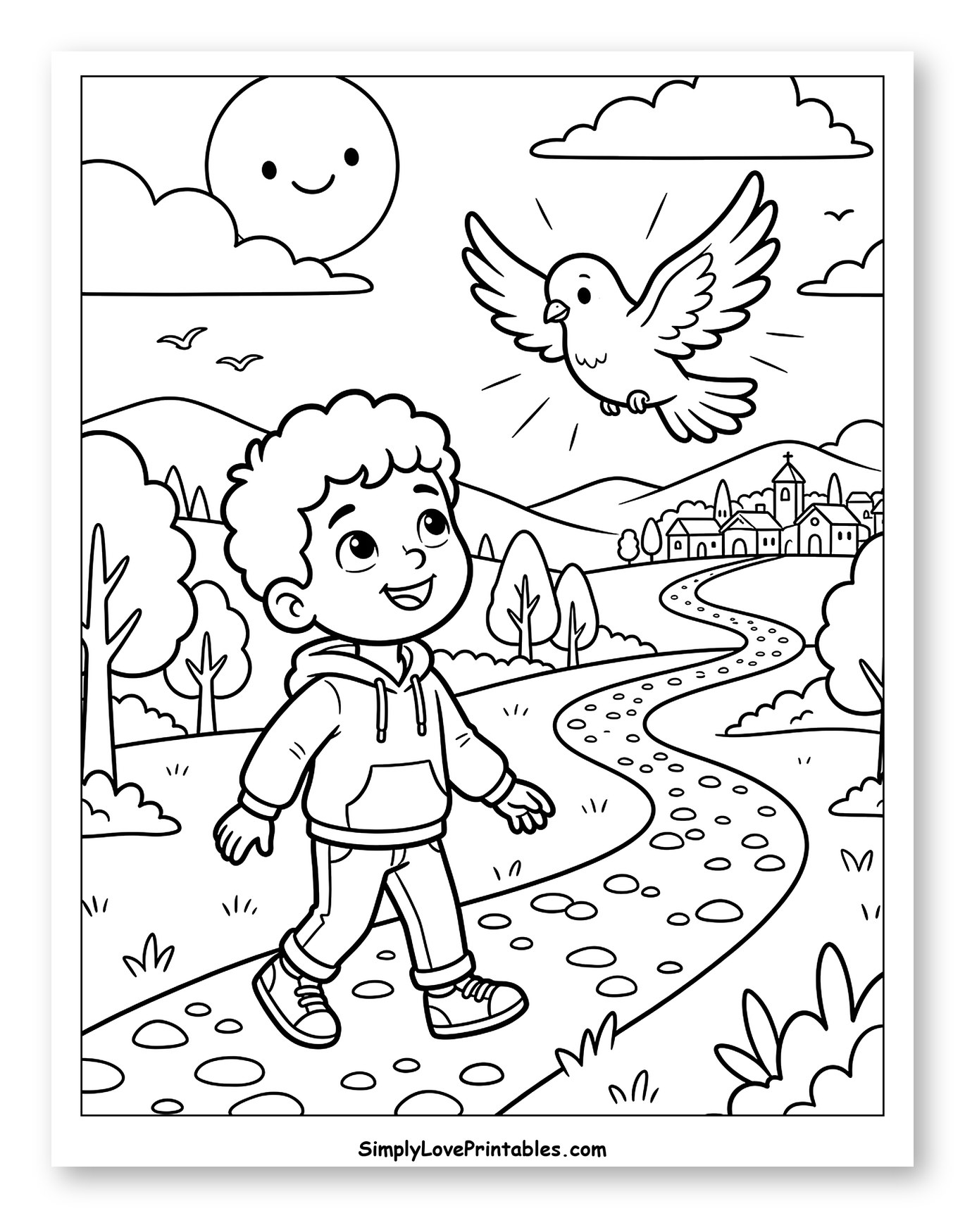 Happy Boy Walking with Flying Dove and Sun to Color for Kids