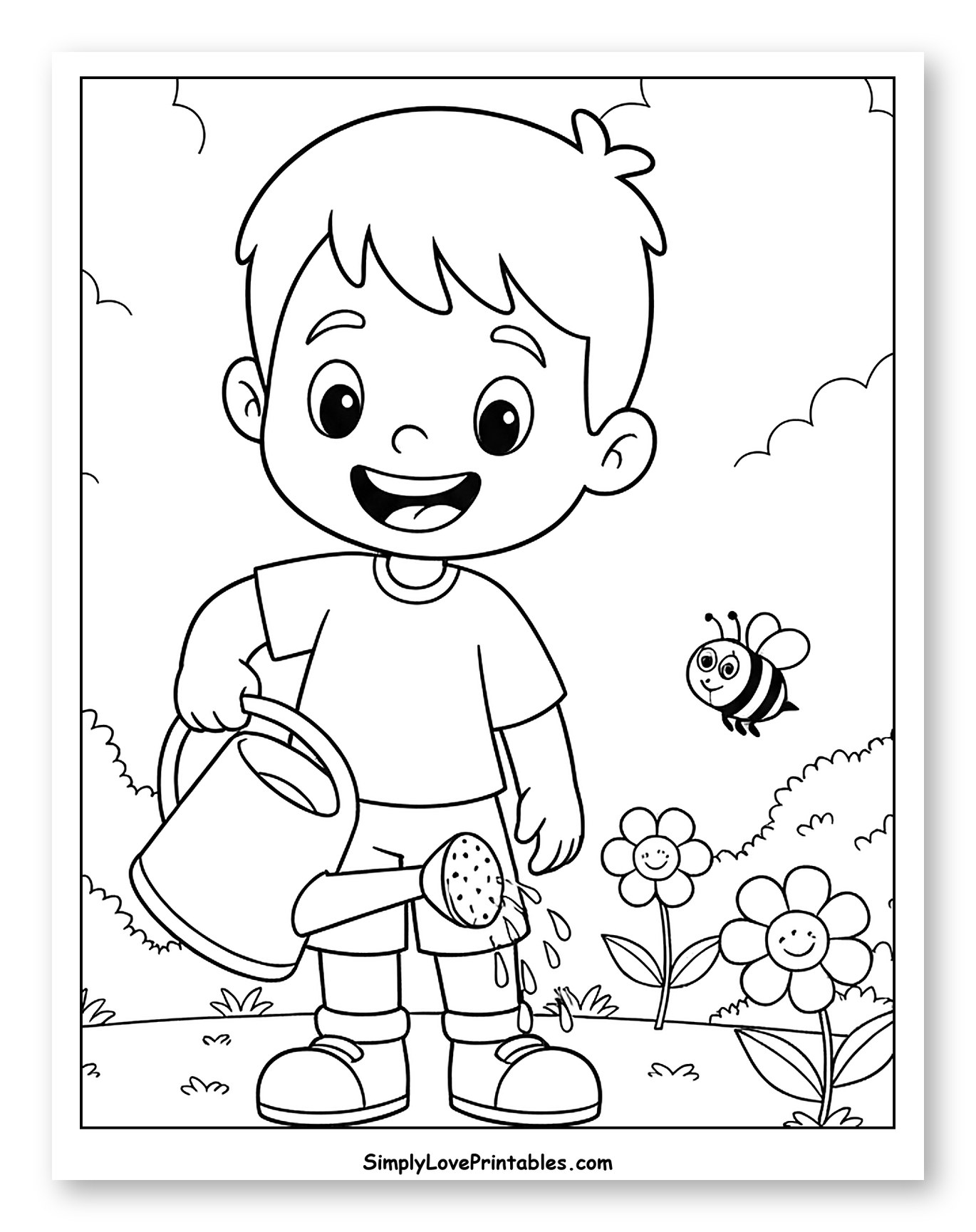 Happy Boy Watering Flowers with a Bee