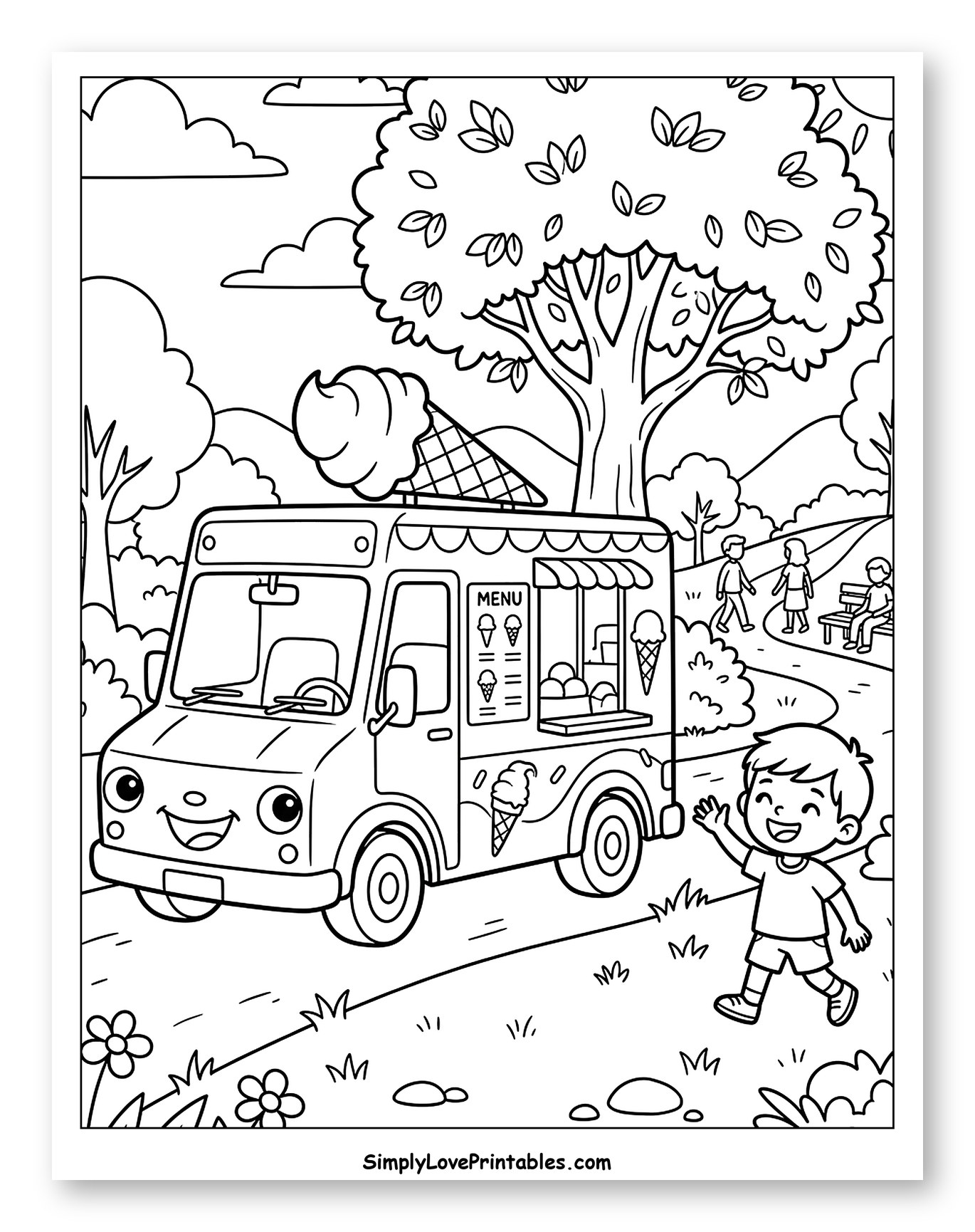 Happy Boy Waves at Ice Cream Truck Coloring Sheet for Kids