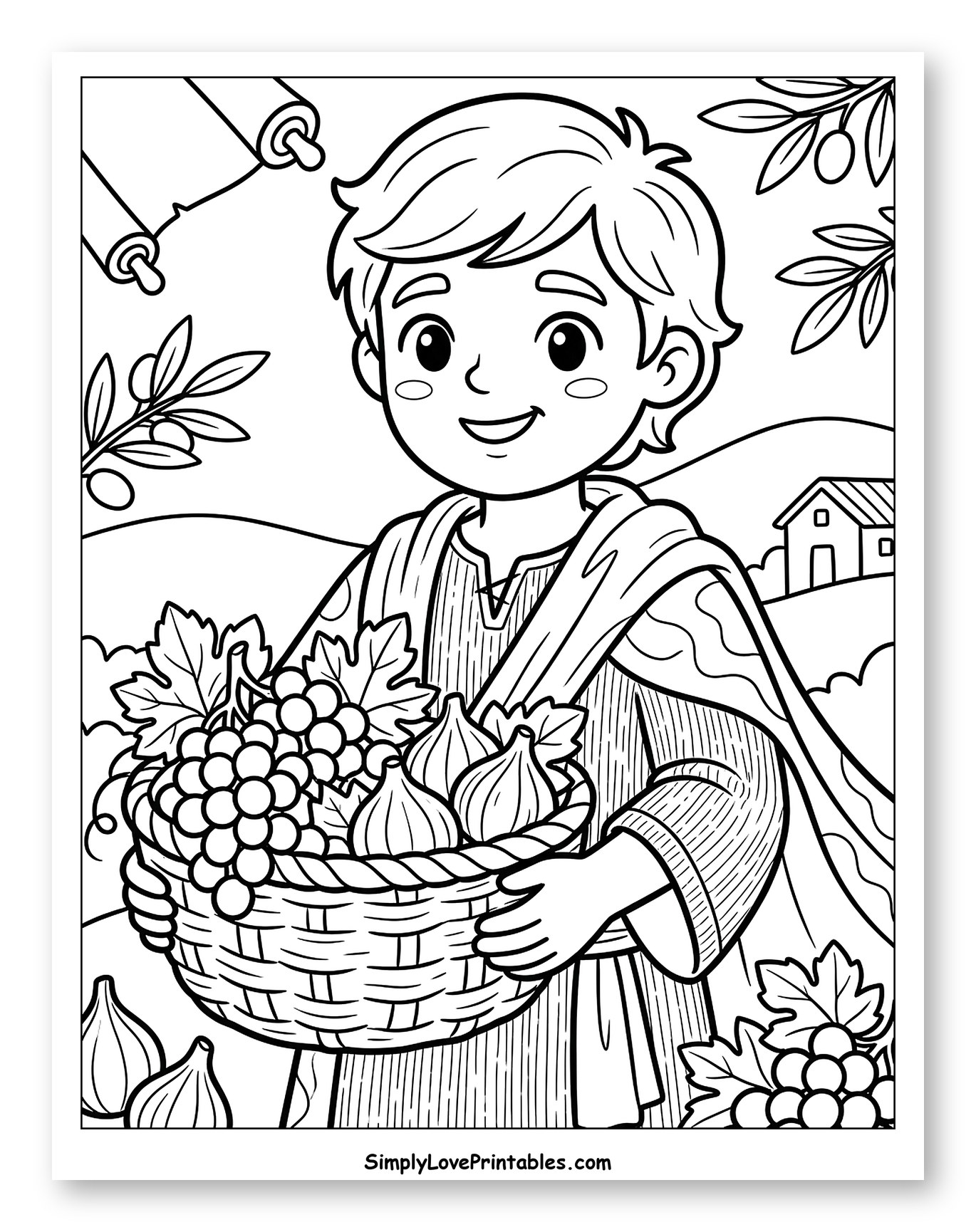 Happy Boy with Basket of Grapes and Figs Coloring Page for Kids