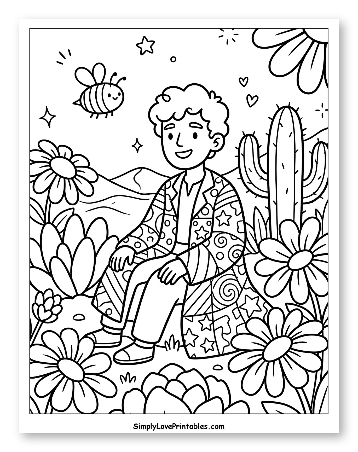 Happy Boy With Bee, Flowers, And Cactus to Color for Adults
